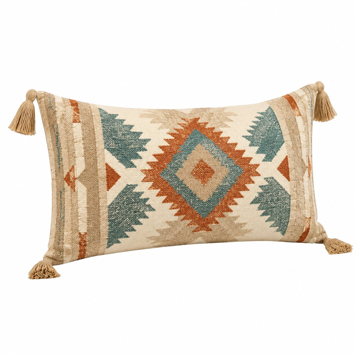Rechteckiges Dekokissen 50 x 30 cm Textil Beige Terrakotta Grün geometrisch mit Quasten