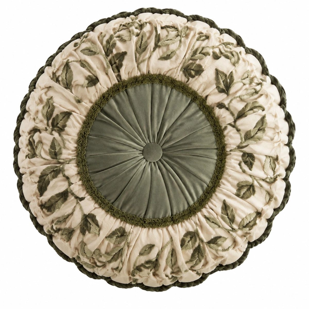 Rundes Zierkissen 45 cm Grün Creme Stoff Blumenmuster Rüschen Vintage-Stil