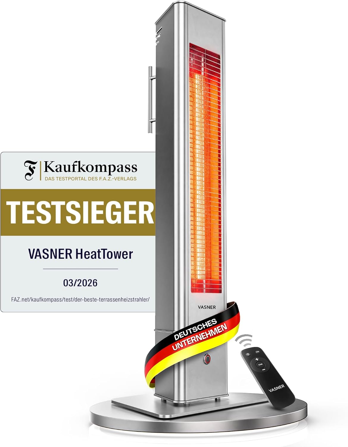 VASNER Heizstrahler, Schwarz, HeatTower Wärmestrahler, Infrarot Stand 2500 Watt - Terrasse elektrisch 4 Heizstufen