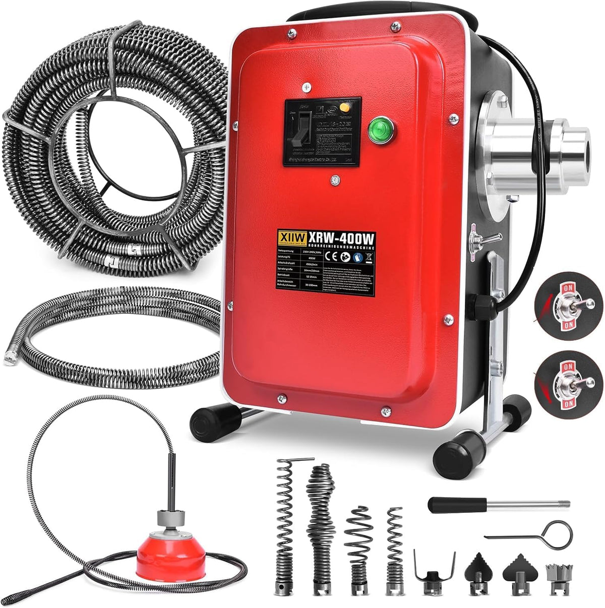 XIIW XIIW XRW-400 W Rohrreinigungszubehör, XIIW XRW-400 W, 100 mm, Schwarz, Elektrische Rohrreinigungsmaschine mit FI-Schalter für Ø30