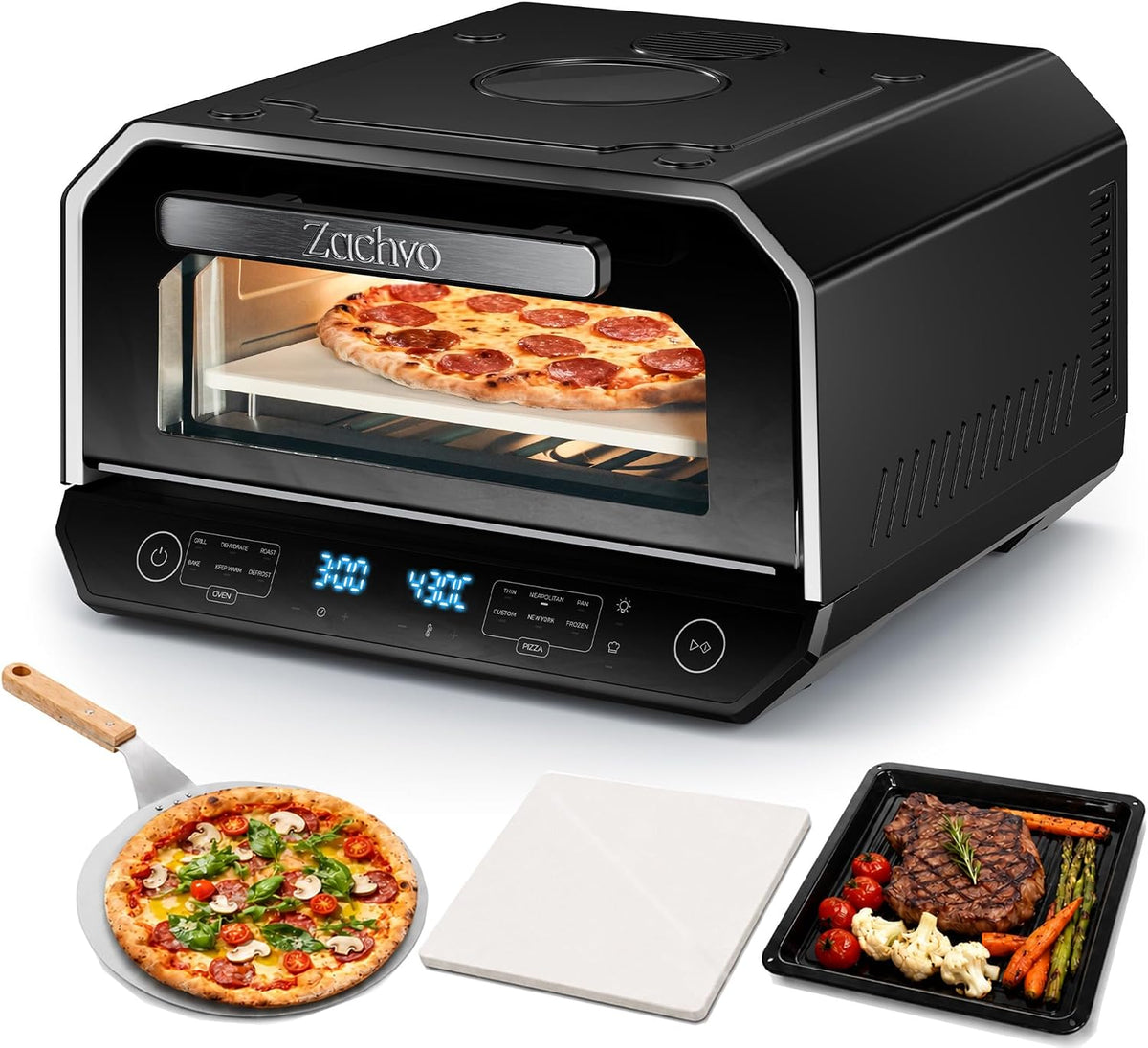 ZACHVO Pizzaofen, Schwarz, Elektrisch 450°C, Neapolitanische Pizza in 90 Sek, Sichtfenster & Innenbeleuchtung, 6 Programme & & 6 Kochmodi
