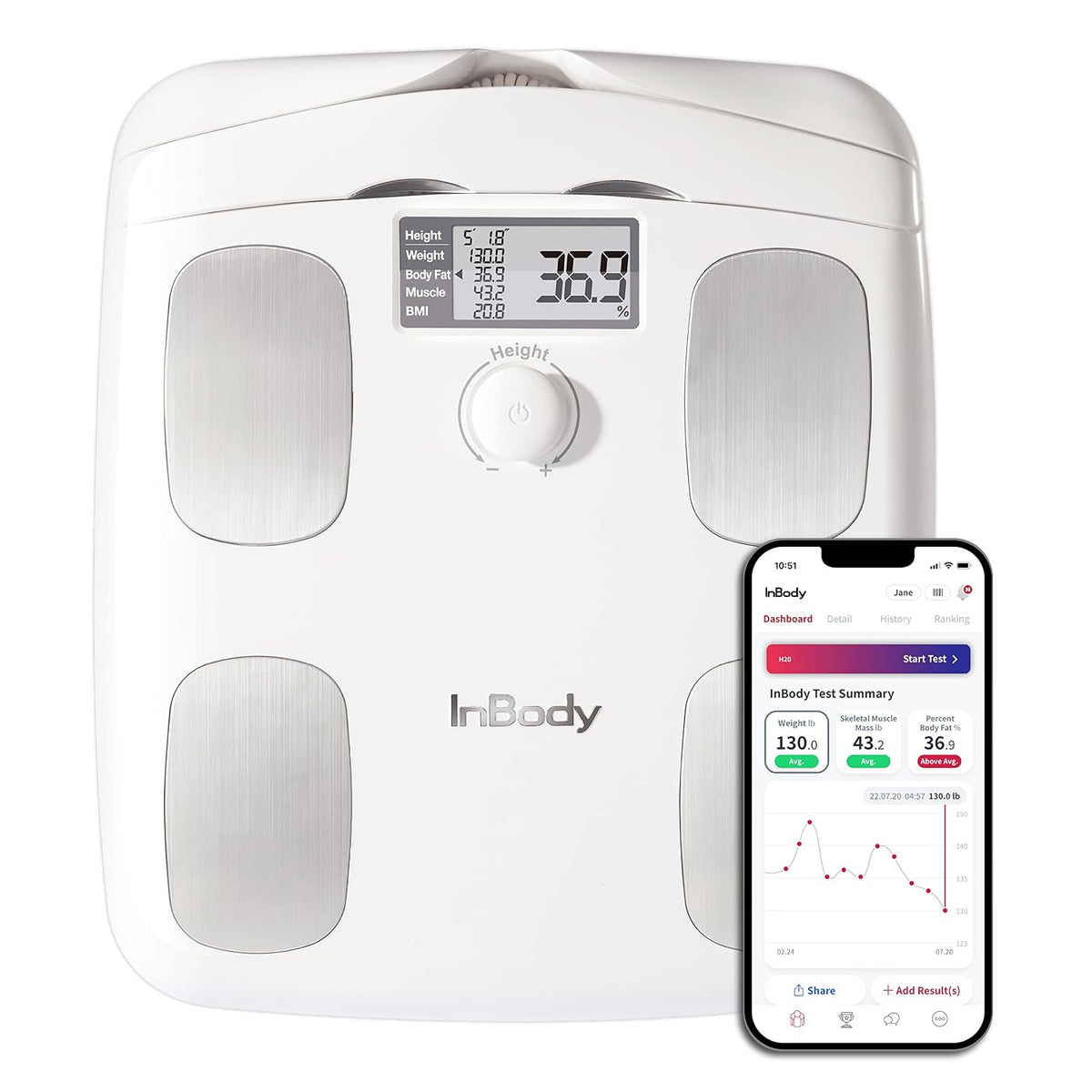 InBody Digitale Personenwaagen, Weiß, Dial H20 Körperfettwaage - Waage für Körpergewicht, Fettanteil und Muskelmasse - Gym Zubehör für Männer & Frauen