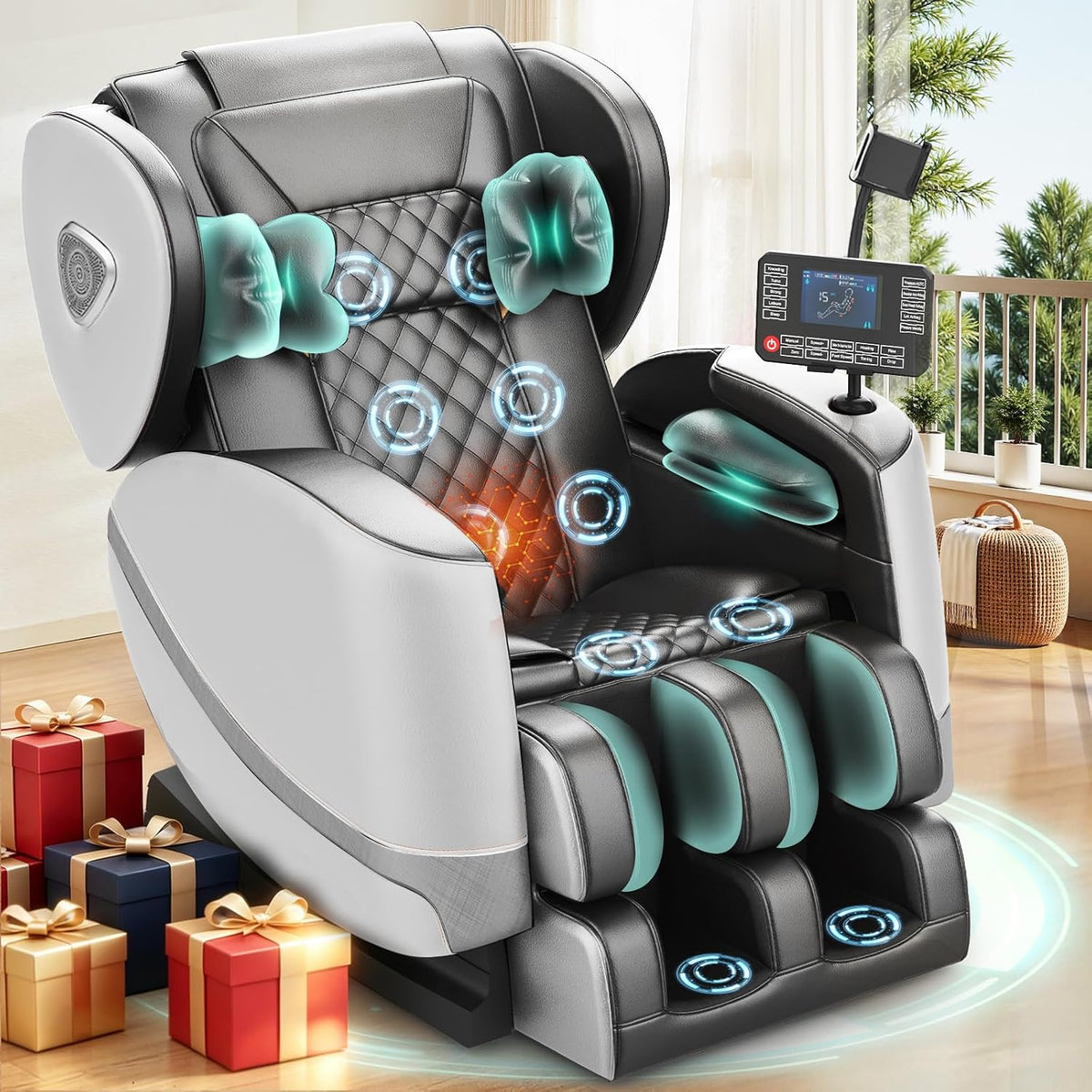 F FURNIMAT Audiogerät, Grau, Massagesessel, Ganzkörper-Massagestuhl mit 14 Rollen, 8 Komfort-Luftkissen & Zero Gravity