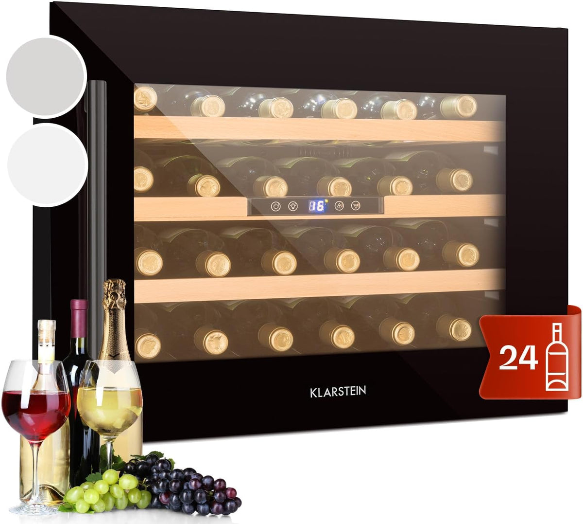 Klarstein Weinkühlschrank, 57 L, Schwarz, 1 Zonen Getränkekühlschrank, Kleiner Einbau-Weinschrank Schmal, Wein-Kühlschrank mit Glastür