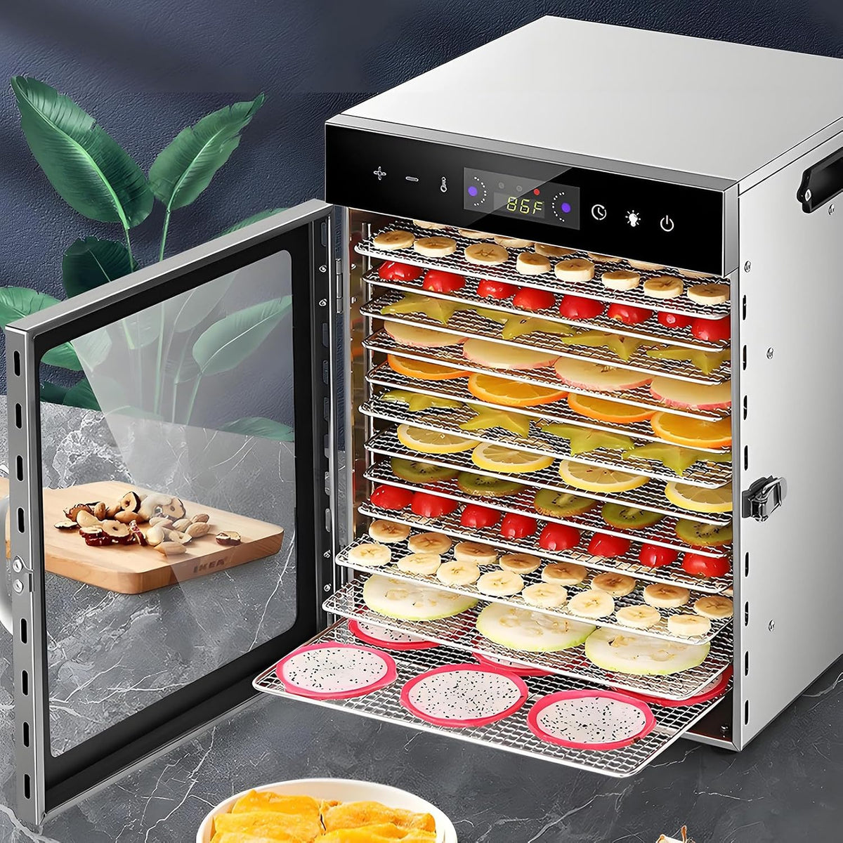 SHENGSHIYU Dörrautomaten, Silber, Dörrautomat Edelstahl, Tabletts 360° Trocken 12tiers