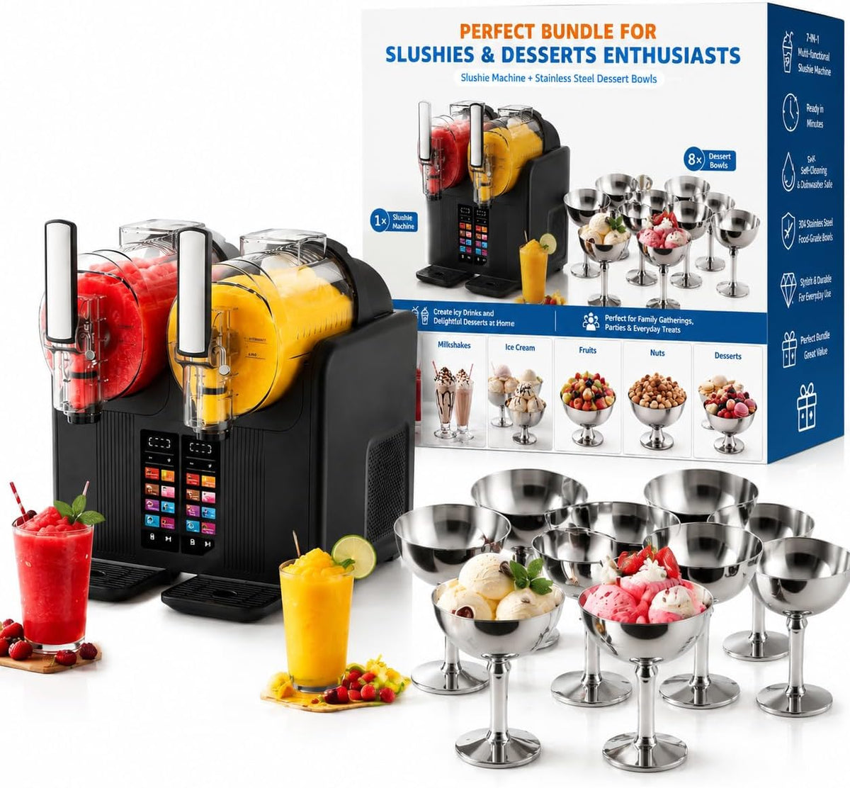 serebrant Eismaschine, 2 L, Silber, Slush Maschine 2 x Slushie Maschine mit 7 smarten Programmen, 8 Stück Eisbecher Edelstahl