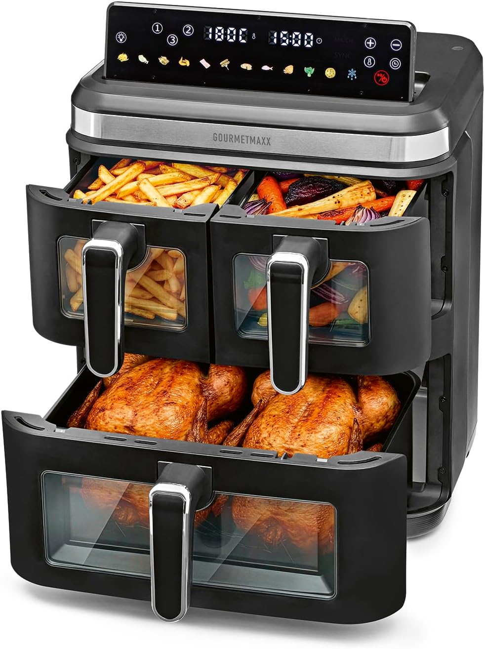 GOURMETmaxx Heissluftfritteuse, Schwarz, FryUp3 Vertikale Heißluftfritteuse 3 Kammern