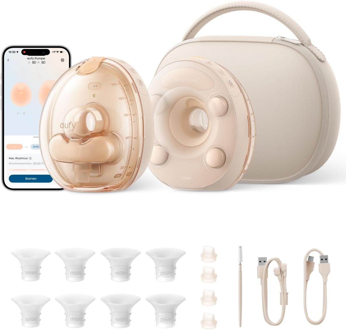eufy Security Brustpumpen, Schwarz, Tragbare elektrische Milchpumpe S2 Pro, kabelloses Ladecase, sanfte Wärmemassage mit HeatFlow™ 2.0 & VibraPump™