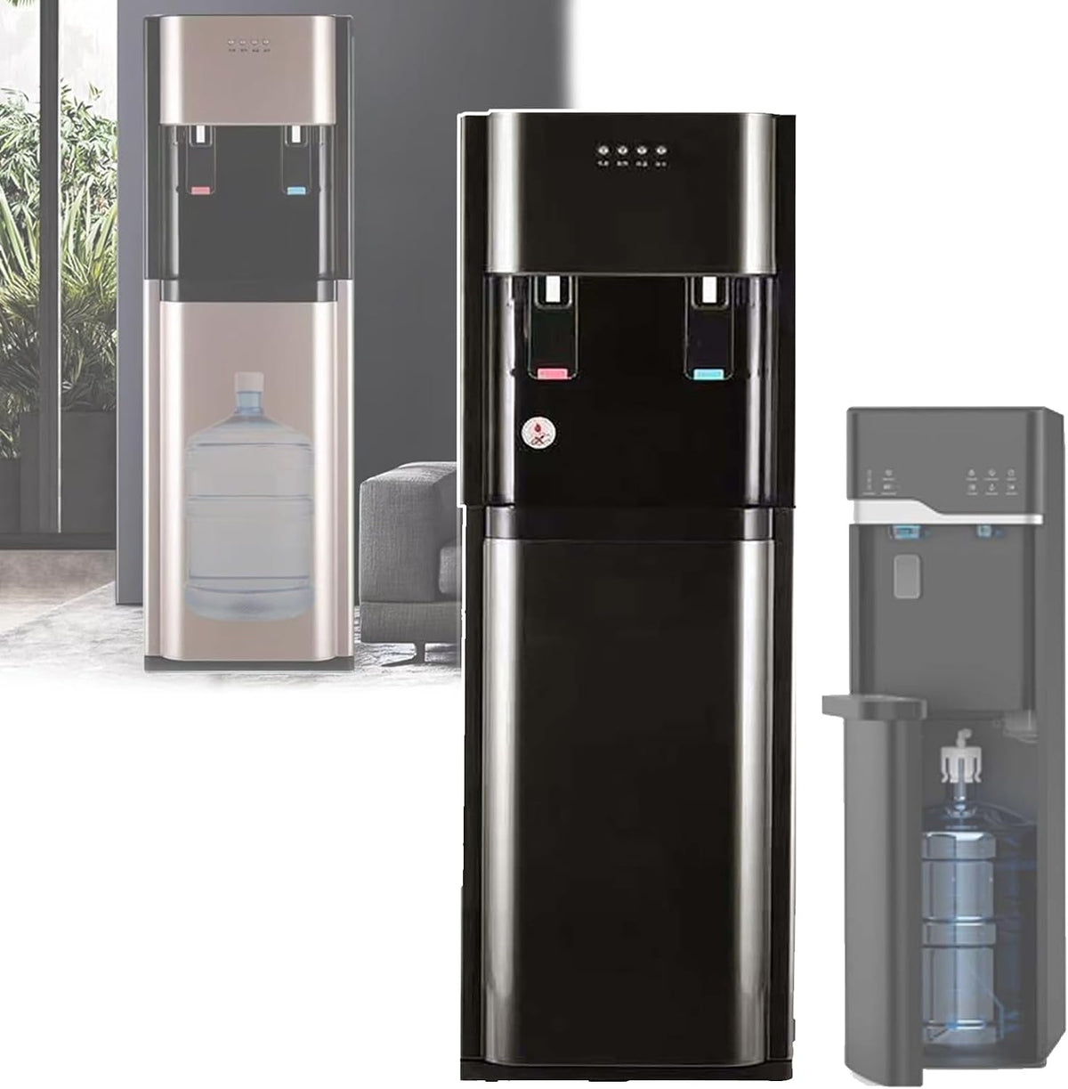 LLOZoo Kühler & Wasserspender, Schwarz, Wasserspender mit Selbstreinigungsfunktion, Unterbau-Flaschensystem (Bottom-Loading)