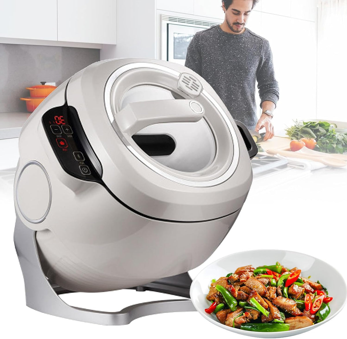 JYHHGDS Herd, 2000 W, 110 V, Grau, Elektro mit 360°-Drehung, Rundumheizung, automatische Kochmaschine, mit 3 einstellbaren Geschwindigkeiten