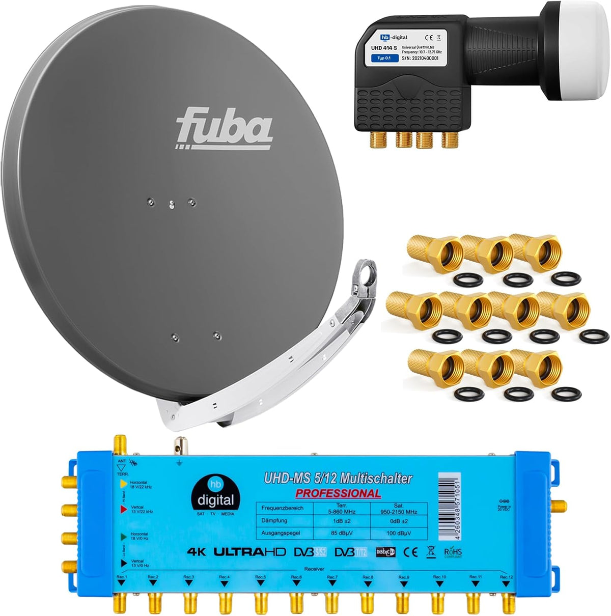 FUBA SAT-Anlage, 0,1 dB, Grau, 12 TEILNEHMER DIGITAL SAT ANLAGE DAA850A + Profi LNB Full
