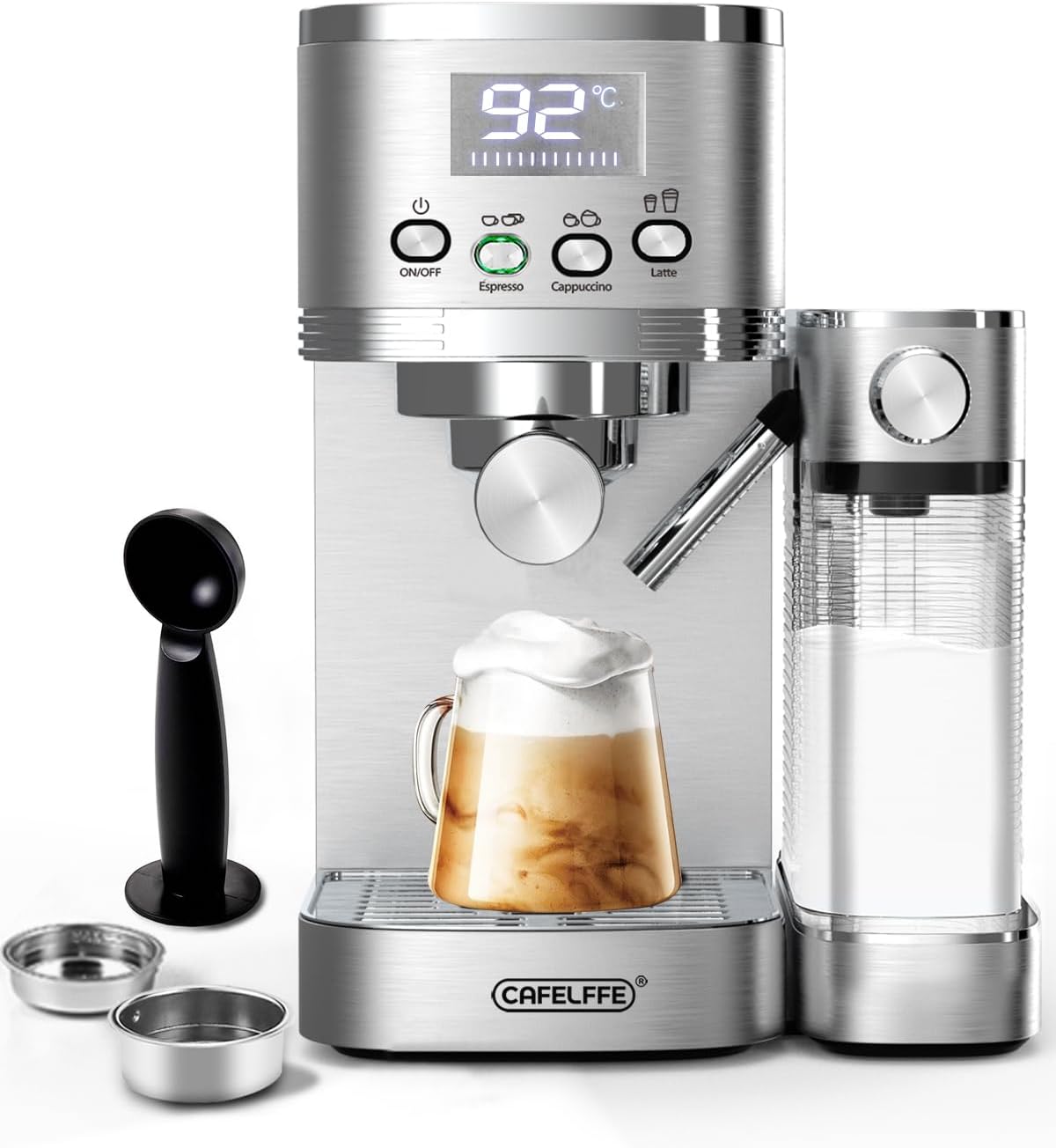 CAFELFFE Kaffeemaschine, 1,3 l, Silber, 6-in-1-Espressomaschine, Siebträgermaschine mit Milchtank, Edelstahl