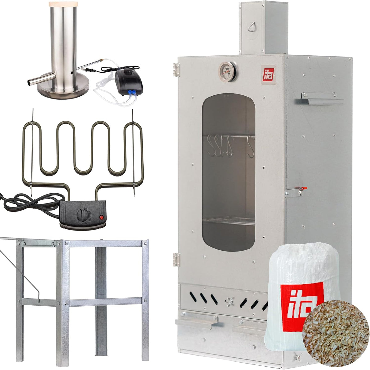 ITA Powerstation, Grau, Räucherofen 7012 - Smoker Set mit Rauchgenerator, Heizelement, Tisch & Räucherspänen - Räucherschrank mit 3 Etagen
