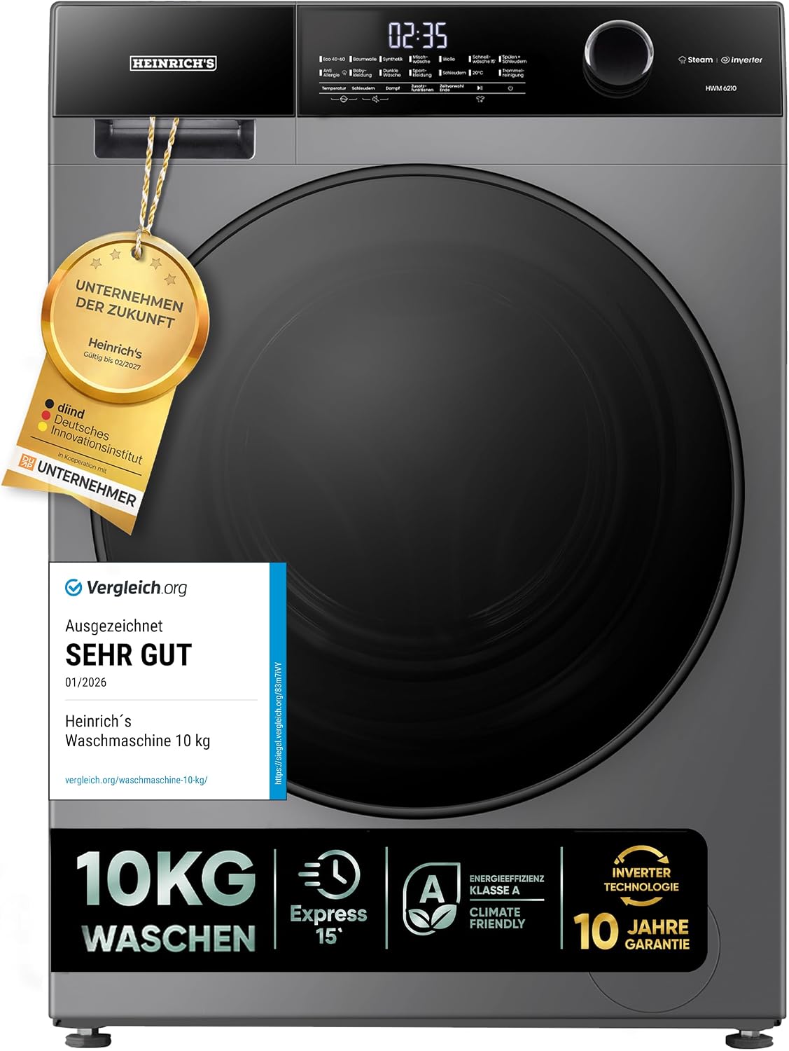 Heinrich´s Waschmaschine, 10 kg, Grau, Steam-Funktion, Mega Kapazität, 15 Programme, 1400 U/min., Aqua-Stop, LED-Display