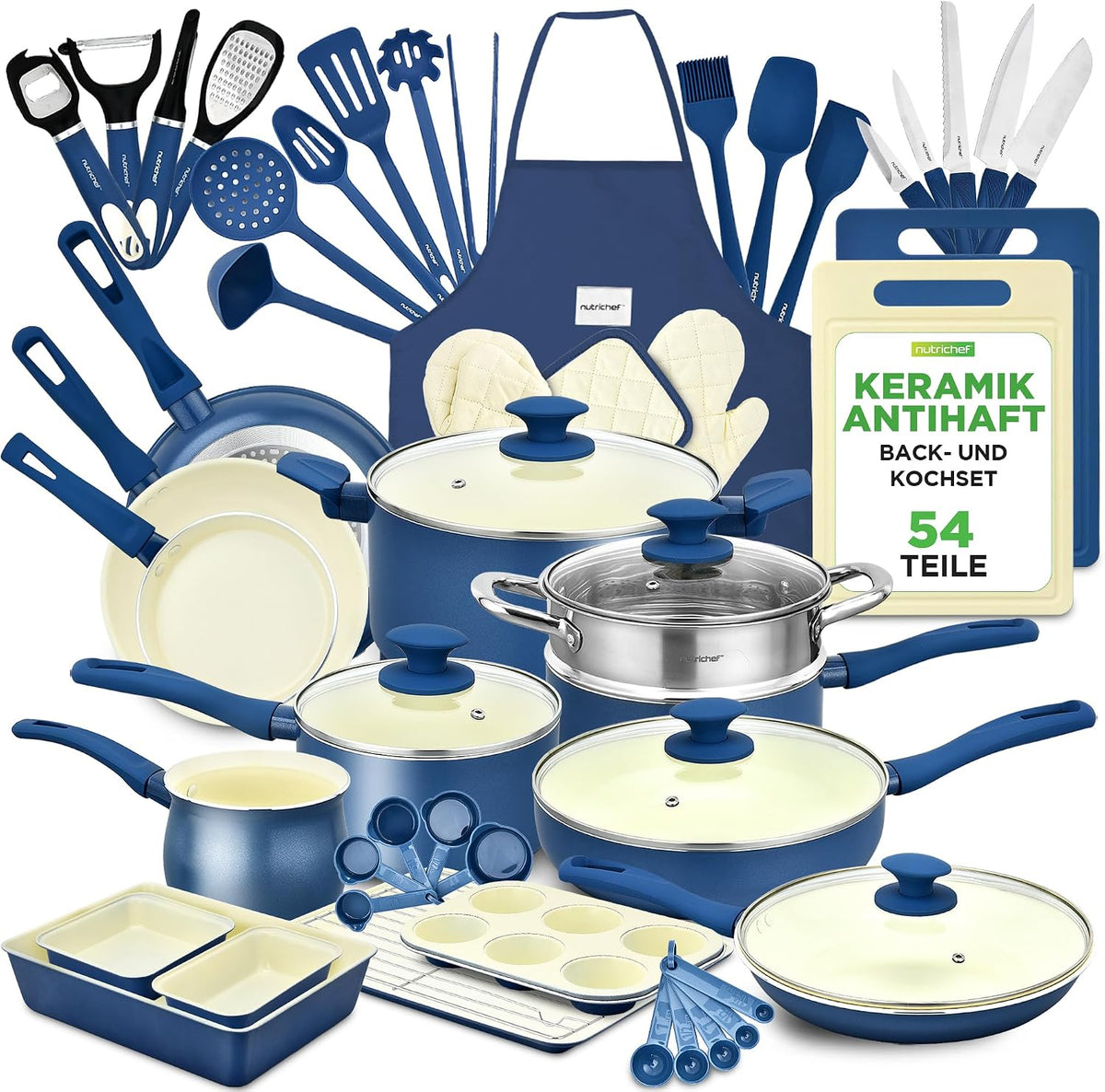 NutriChef Topf- & Pfannensets, Blau, Kochgeschirr Set 54-tlg, Pfannen, Töpfe, Küchenhelfer, Mit Messer, Backformen