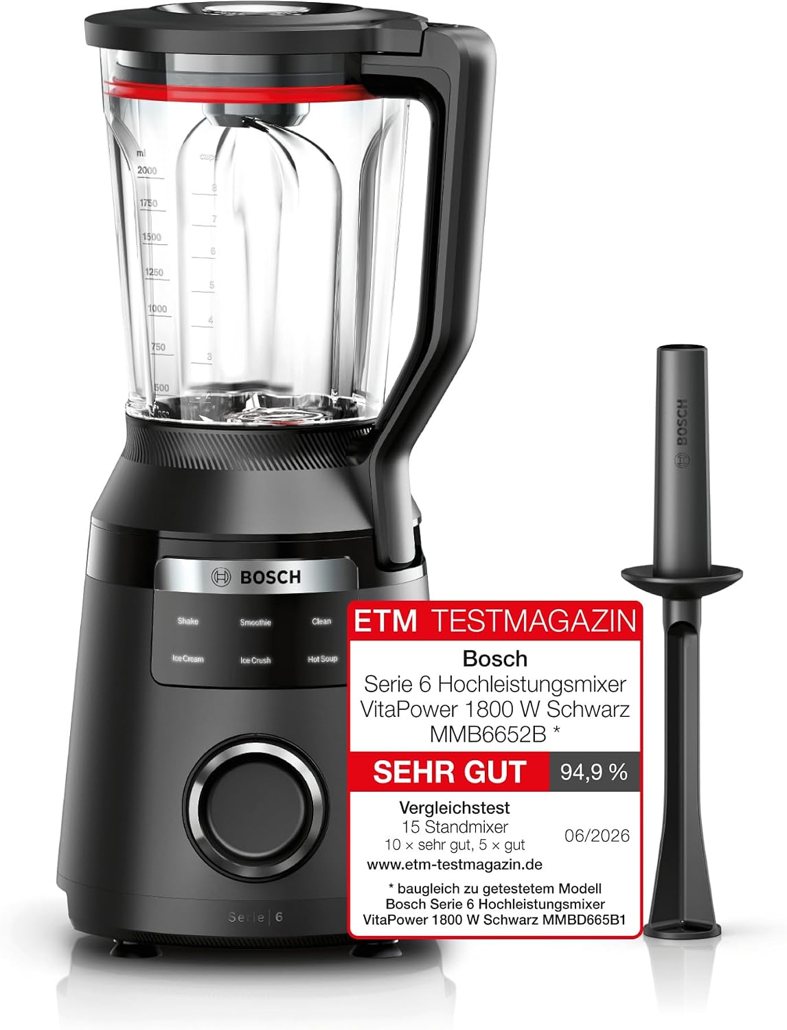 Bosch Standmixer, 1800 W, 2 L, Schwarz, Hochleistungsmixer, Smoothie Maker, 45.000 U-min, Programme für heiße Suppe & Reinigung