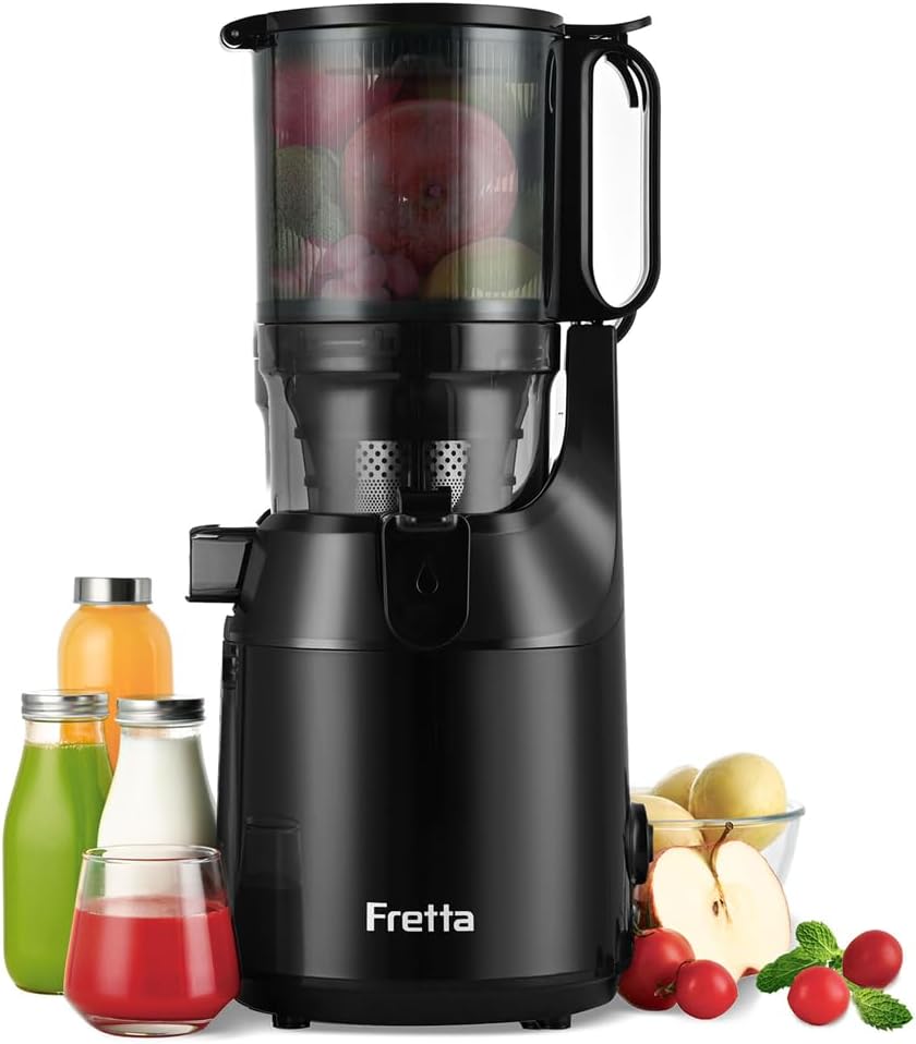 Fretta Mastizier-Entsafter mit einer Schnecke, 135MM, 250 W, Schwarz, Slow Juicer mit Breite und Größere Fütterungsröhre