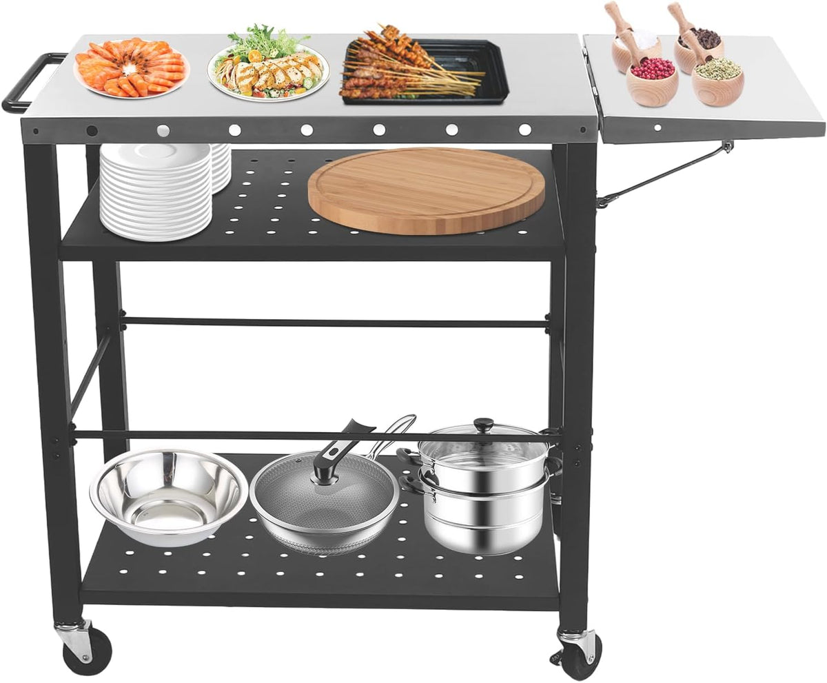 Outdoor Pizzaofen, 90 kg, Silber, Grillwagen mit 3-stöckigem Design, Edelstahl- -Tisch, faltbare Oberseite, Kapazität