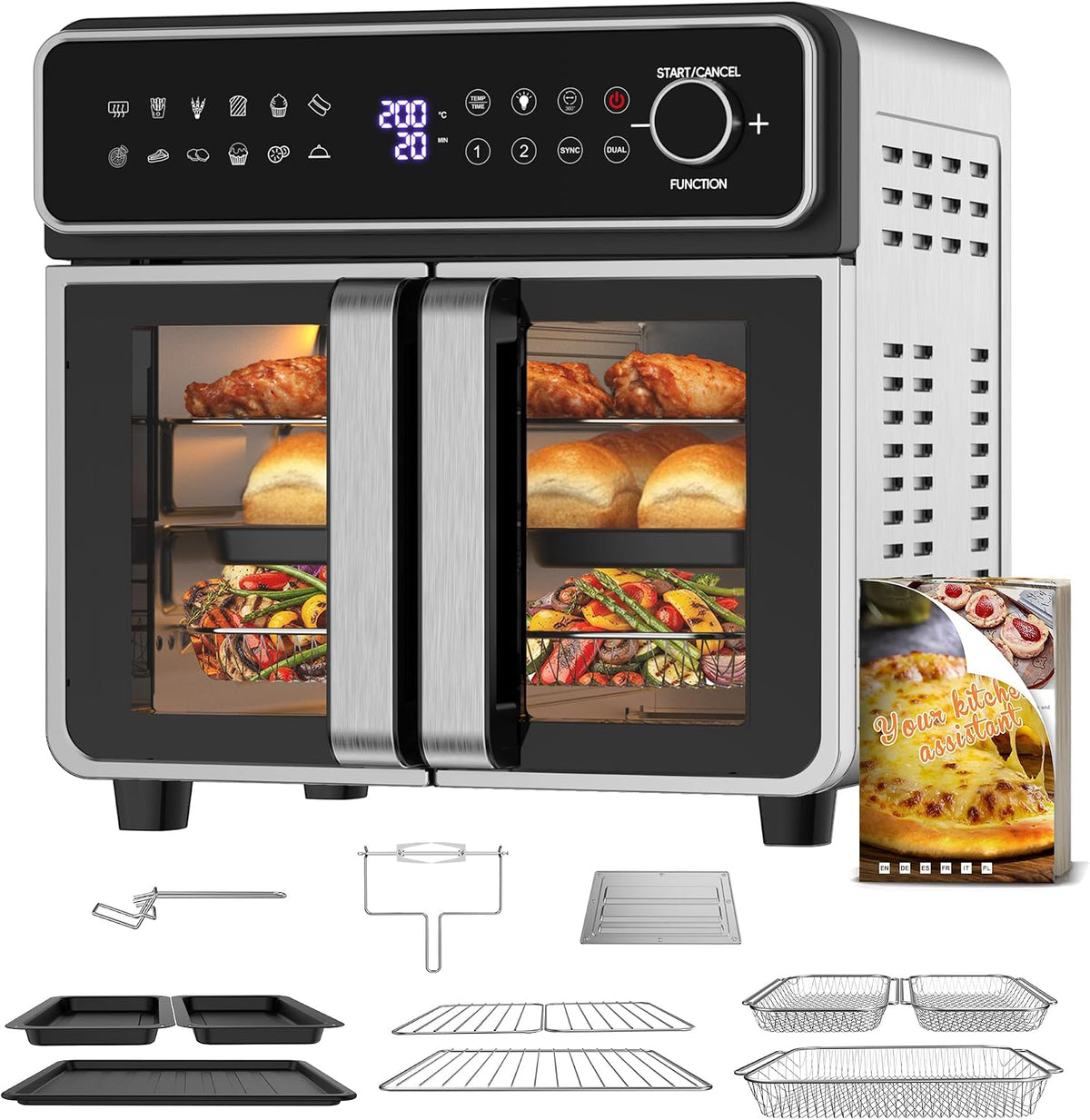 Emphsism Backofen, 23 L, Schwarz/Silber, Heißluftfritteuse Familie, Mini 1/2-Zone Garen, Temp Separat
