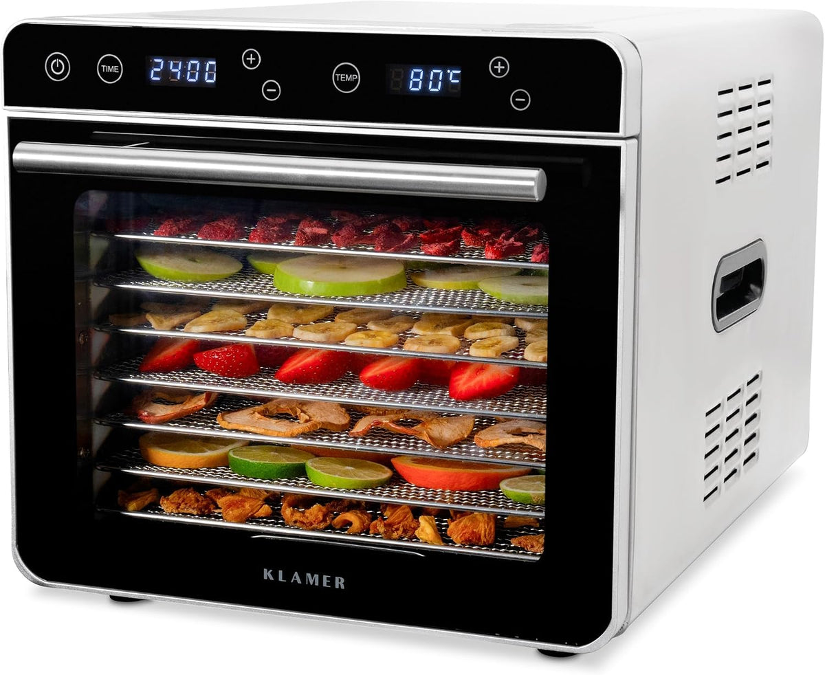 KLAMER Dörrautomaten, 700 W, Silber, Premium Dörrautomat XL, 8 Einlegefächer aus Edelstahl, 35-80°C, 24-Stunden-Timer für Obst