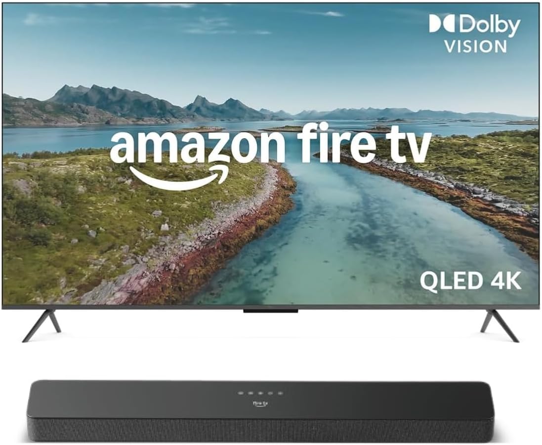Amazon Fernseher, Schwarz, Smart TV, Ember QLED-Serie mit Fire TV, 50-Zoll Smart TV in 4K Ultra HD, HDR10+ + Fire TV-Soundbar Plus