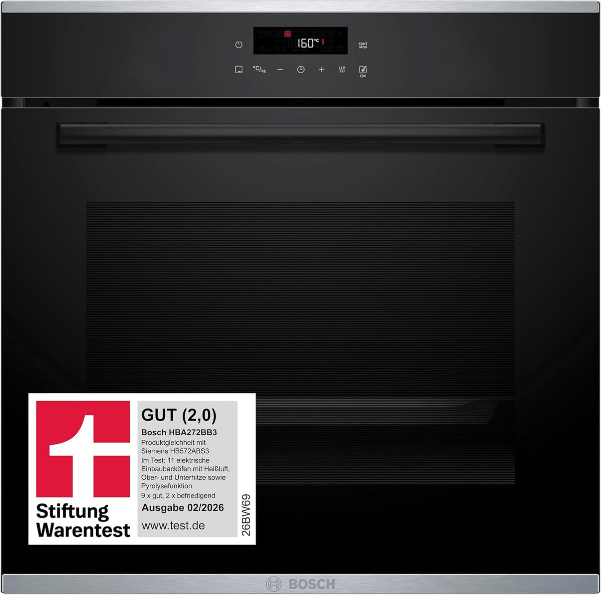 Bosch Backofen, 60 x 60 cm, Schwarz/Silber, HBA272BB3, Stiftung Warentest GUT (2, Serie 4 Einbau-, Pyrolyse-Selbstreinigung & Hydrolyse