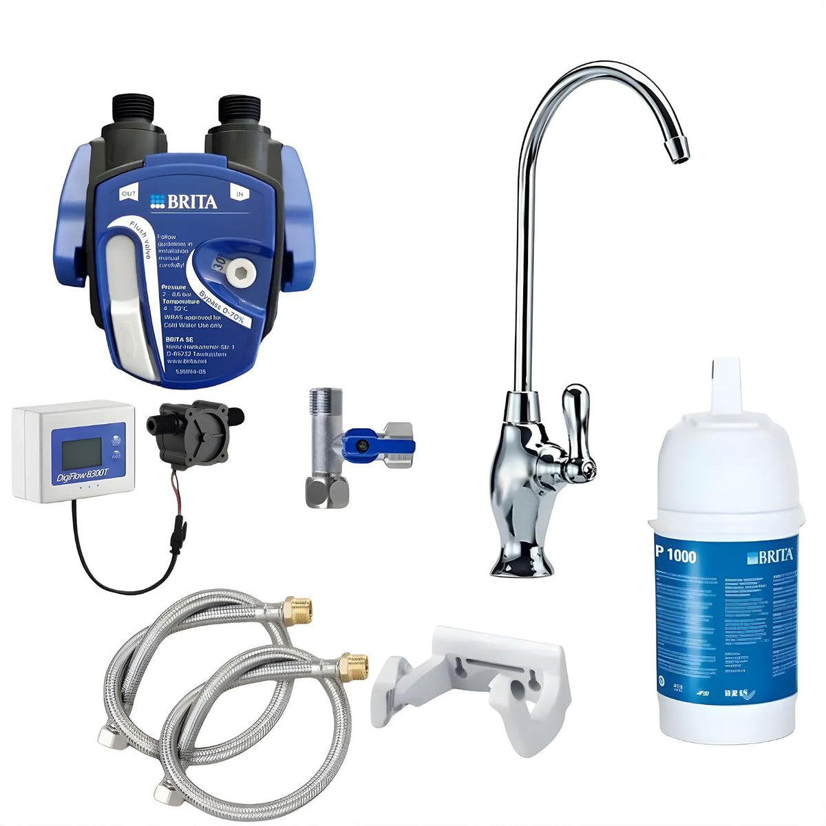 Aora Wasserfilterkartuschen, Grau, Untertisch-Wasserfilter-System mit 1-Weg-Wasserhahn, kompatibel mit BRITA Filter P1000 & Filterkopf