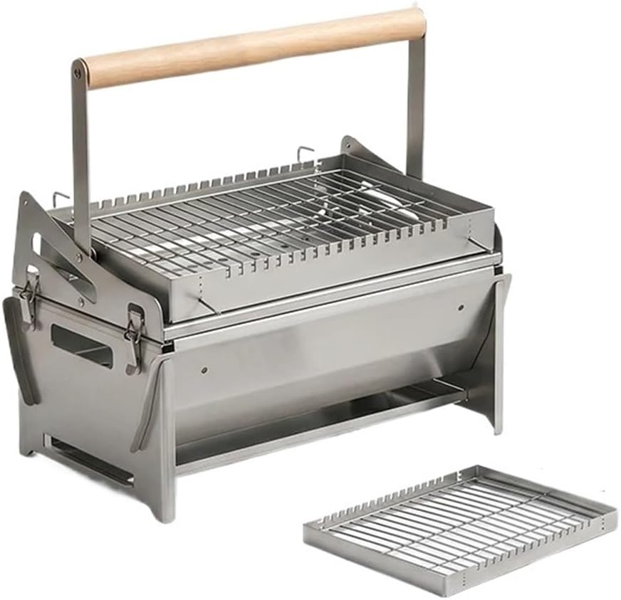 HBDNZMBDLS Holzkohlegrill, Edelstahl, Silber, 360° Drehbarer, Faltbarer Edelstahl-BBQ-Grill
