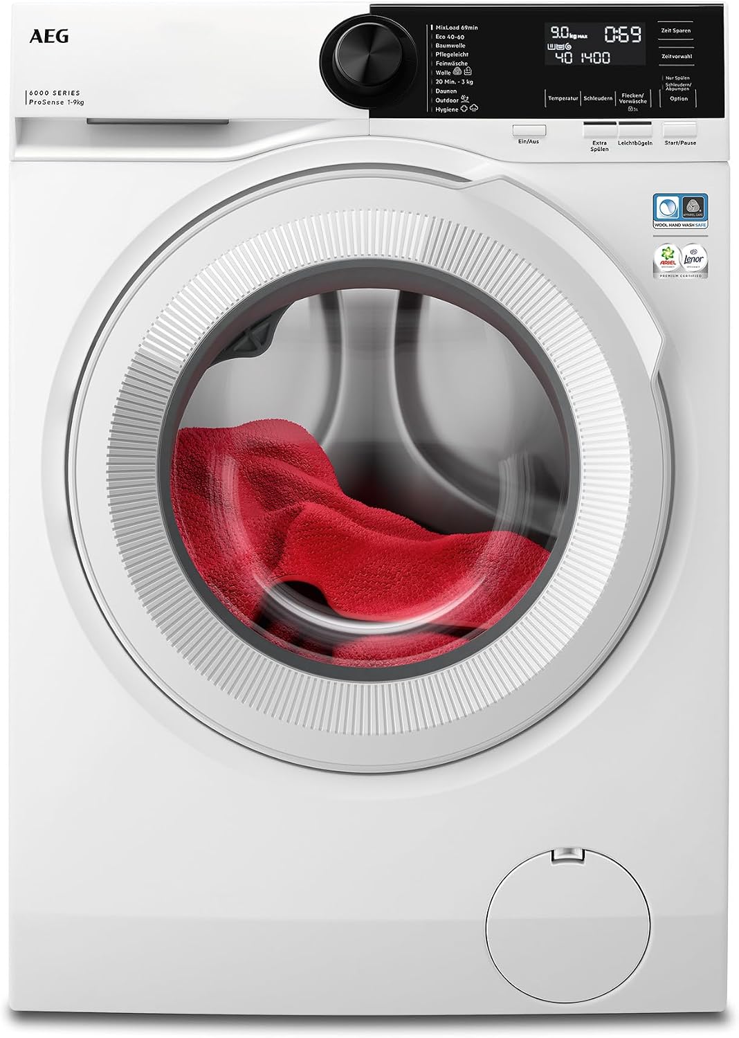 AEG Waschmaschine, 9 kg, Weiß, Serie 6000, ProSense Mengenautomatik, LR6A65490, Für Familien, smarte Beladungserkennung passt Zeit und Wasser an