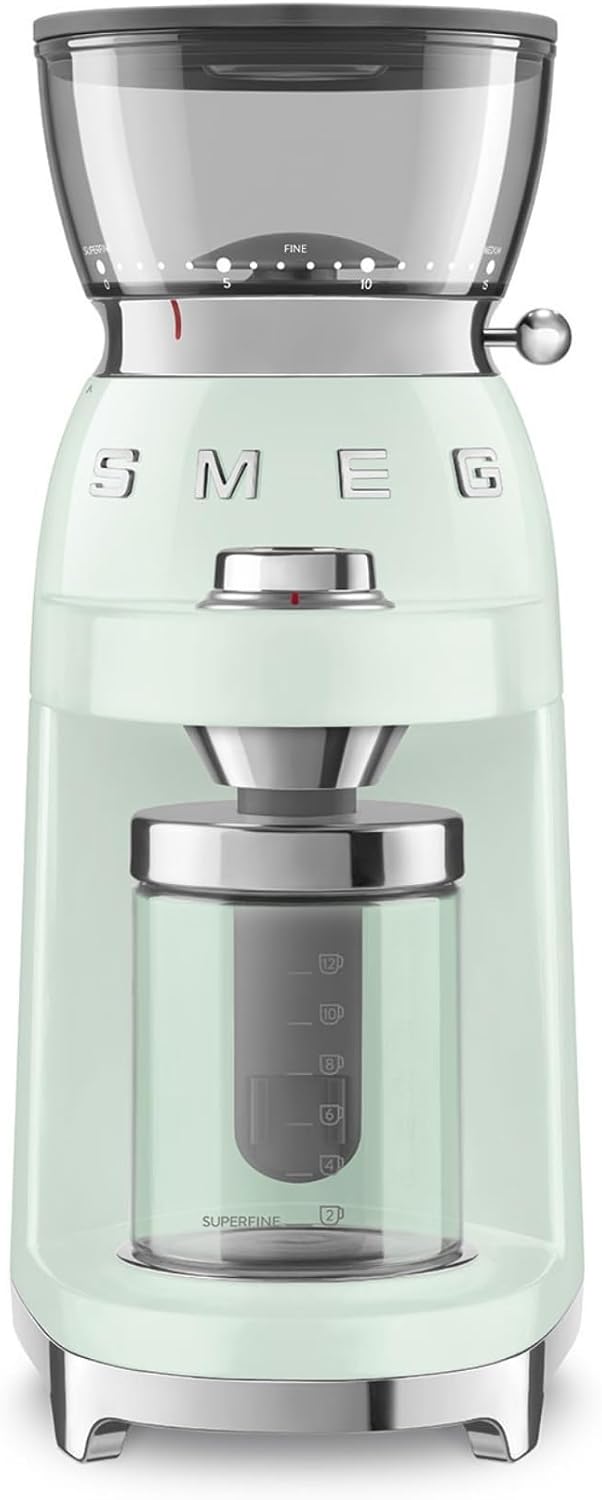 Smeg Elektrische Scheibenmühlen, 150 W, Schwarz, Kaffeemühle CGF03PGEU, 15 Mahlgrade, 240-g-Kaffeebohnenbehälter