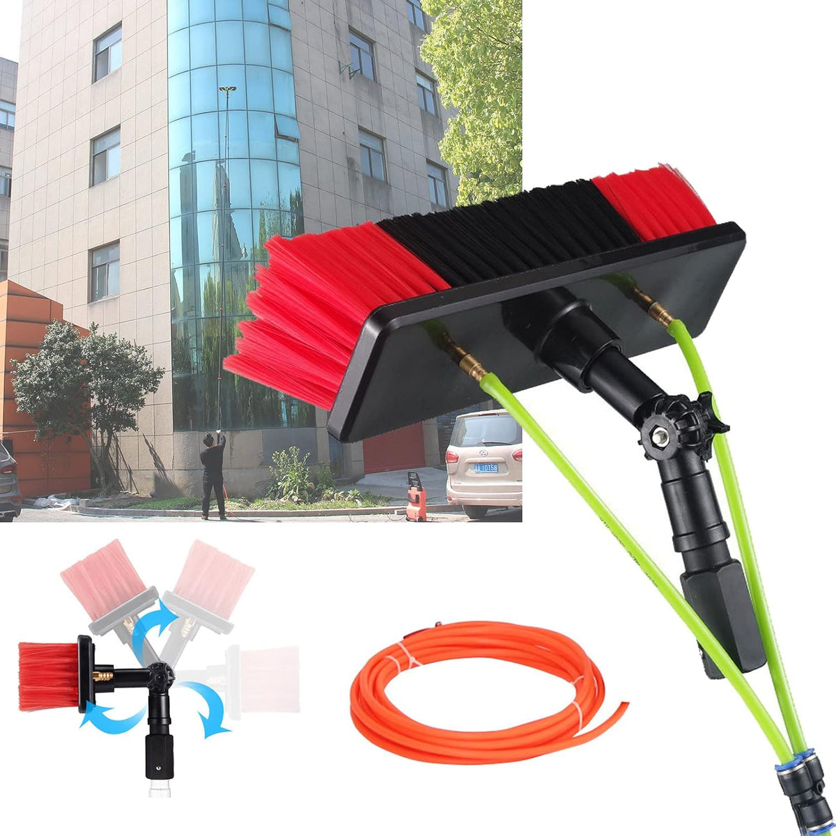 Ausziehbares Glasreinigung, Schwarz, Fensterreinigungsset mit Wasserzufuhr, Solarpanel-Reinigungsgerät mit Teleskopstange & Bürste