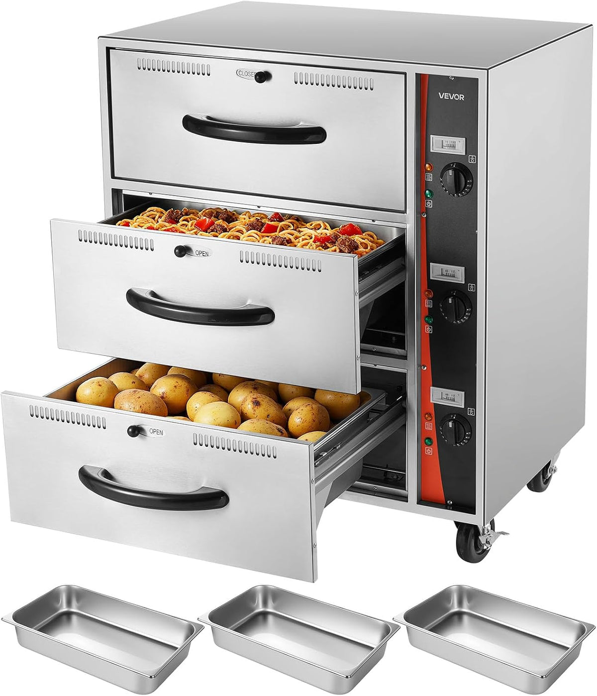 VEVOR Buffetschrank, Silber, kommerzieller elektrischer Schubladenwärmer, Speisenwärmer aus Edelstahl mit 3 Schubladen
