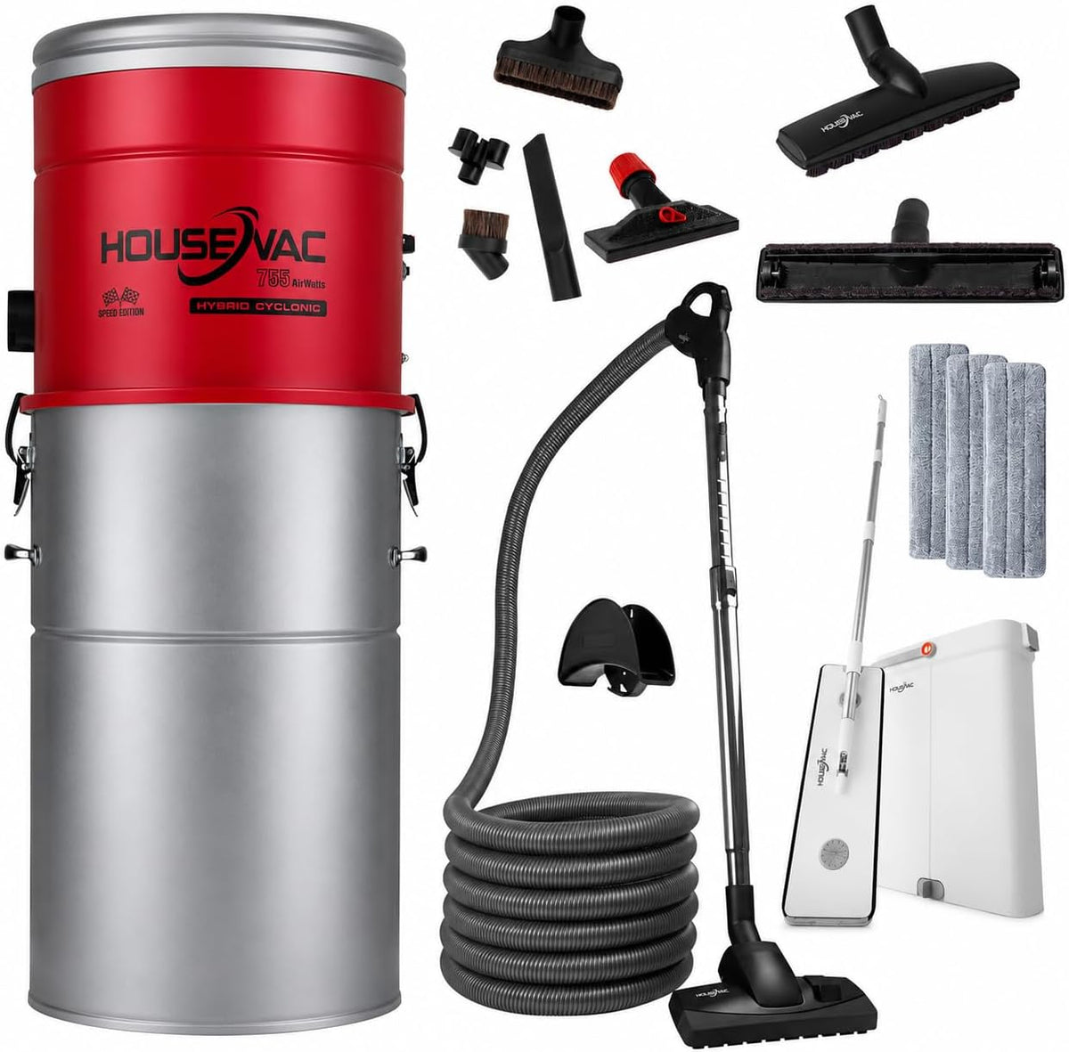 HouseVac Staubsauger, 9m, Schwarz, Zentral HV-755ST-35H + Premium Reinigungszubehör-Kit zur
