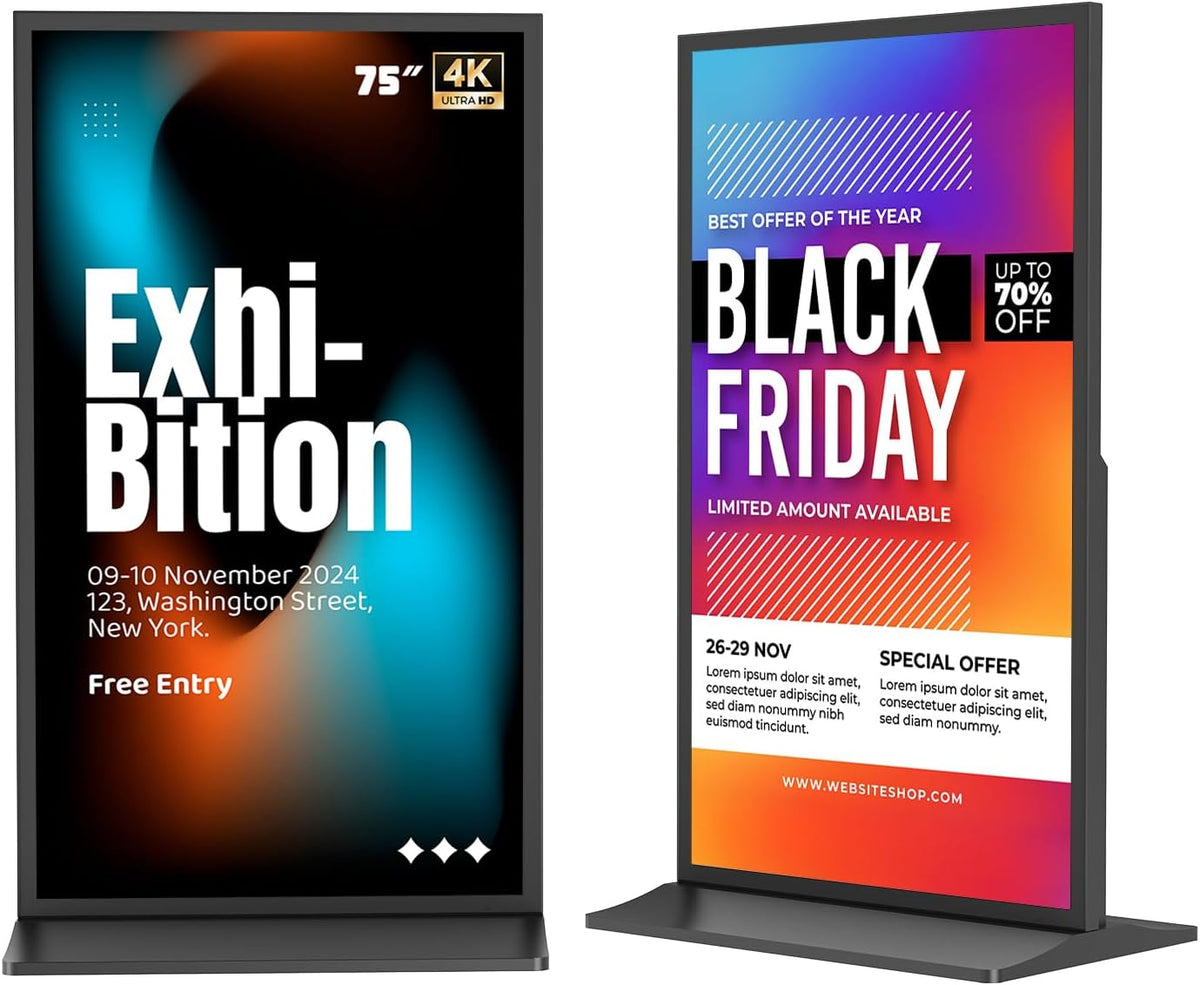 MWE Digital-Signage-Display, 75 Zoll, Schwarz, Digitaler Kundenstopper, 4K UHD Digital Signage Display, Full-Screen LCD Digital Customer Stopper
