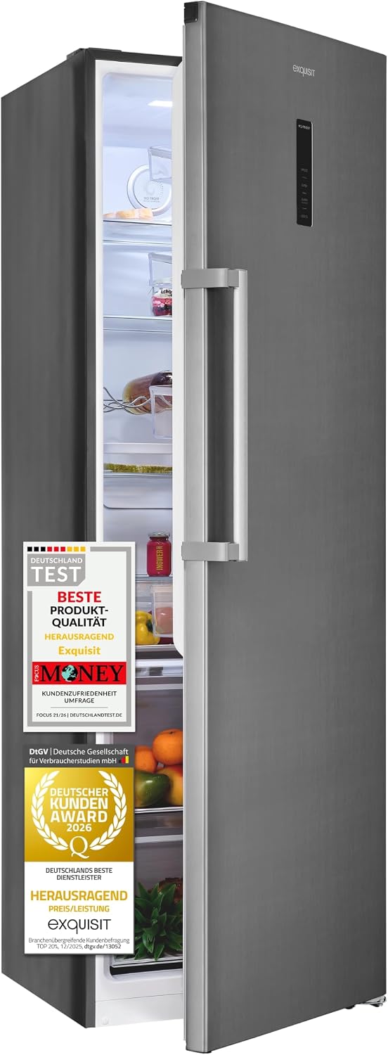 Exquisit Kühlschrank, 359 Liter, Weiß, ohne Gefrierfach, No-Frost, Alarm-Funktion, 5 Ablagen, 4 Türablagen, Gemüsefach