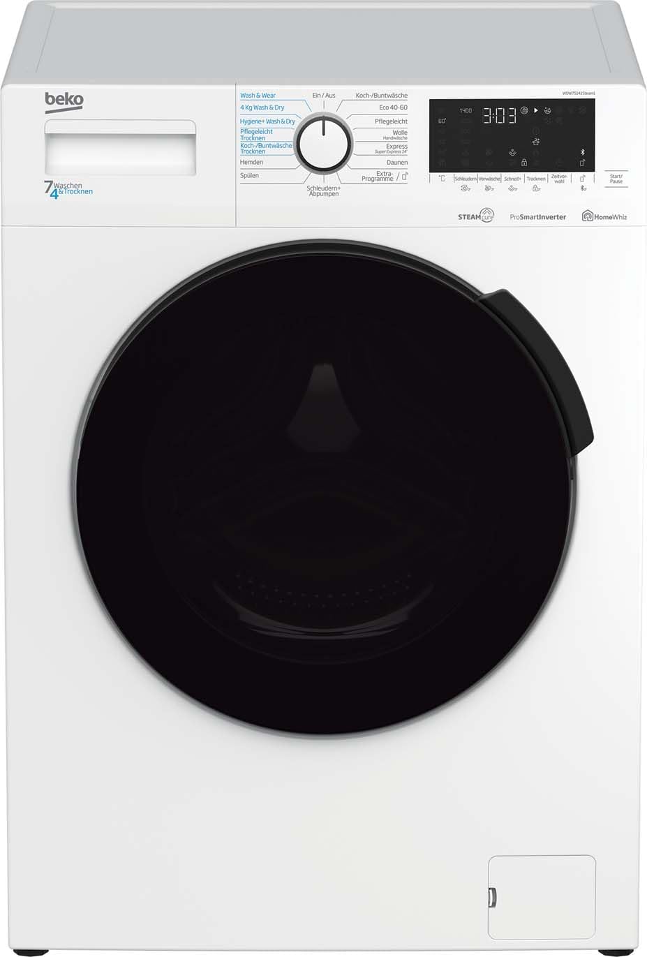 Beko Waschtrockner, 7 kg, 4 kg, Weiß, WDW75141Steam1 /Wasserkondensation/schwarze, Trocknen