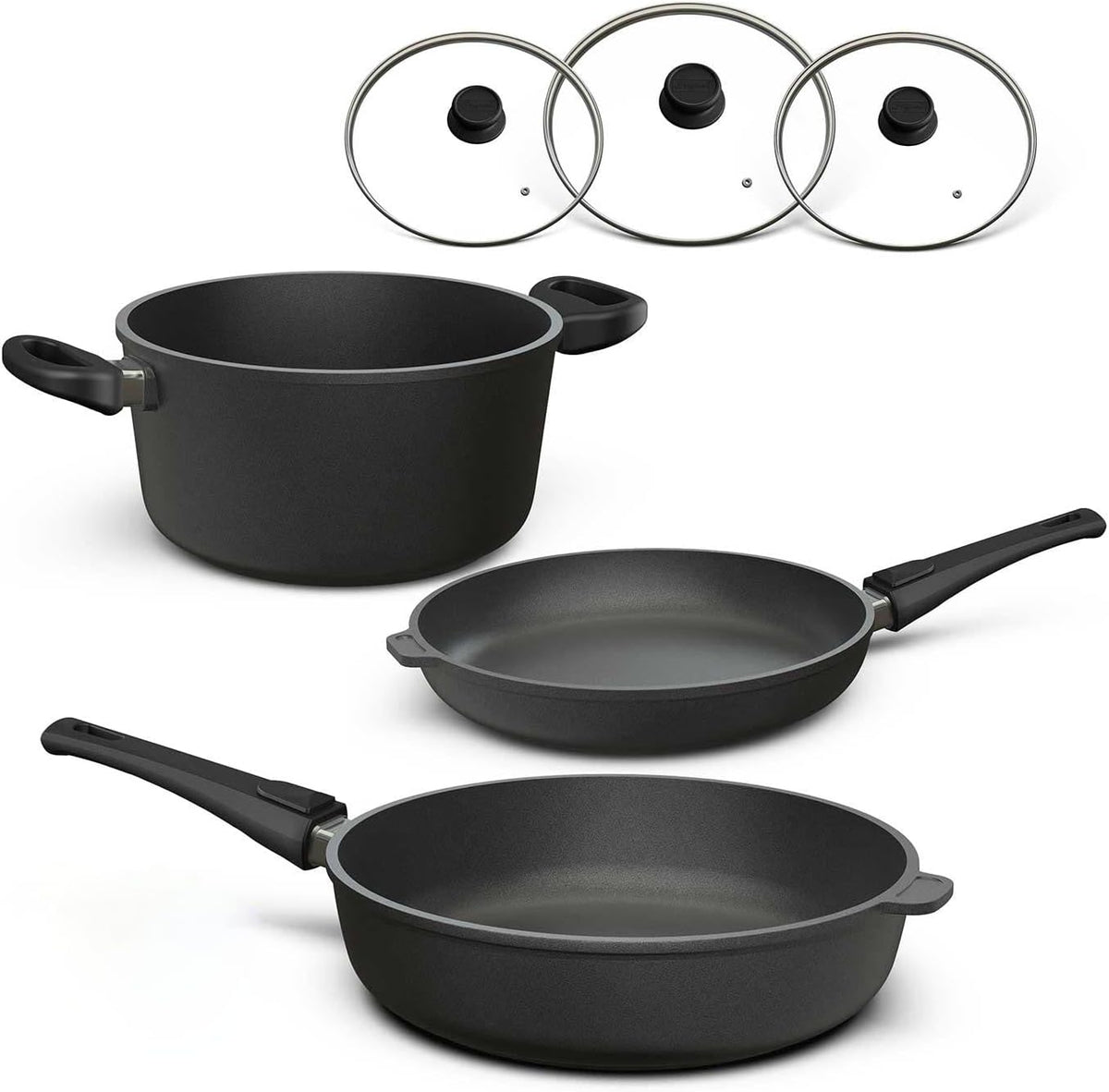 Hoffmann Backofen, Transparent, Aluguss Topf und Pfannenset mit Glasdeckel und abnehmbarem, 6-teilig I Für alle Herdarten auch Induktion I Made