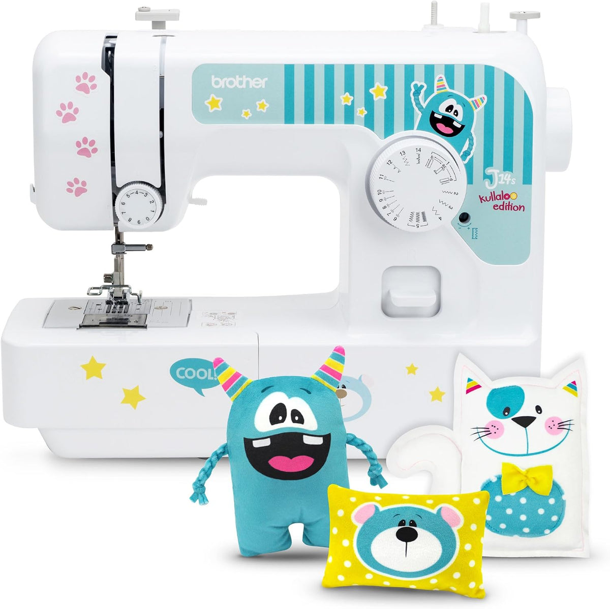 kullaloo Nähen, Schwarz, Brother J14s Kindernähmaschine edition inkl. Fingerschutz, Stickerbogen & Anfänger-Nähset KINDERLEICHT Nähkurs 'Little