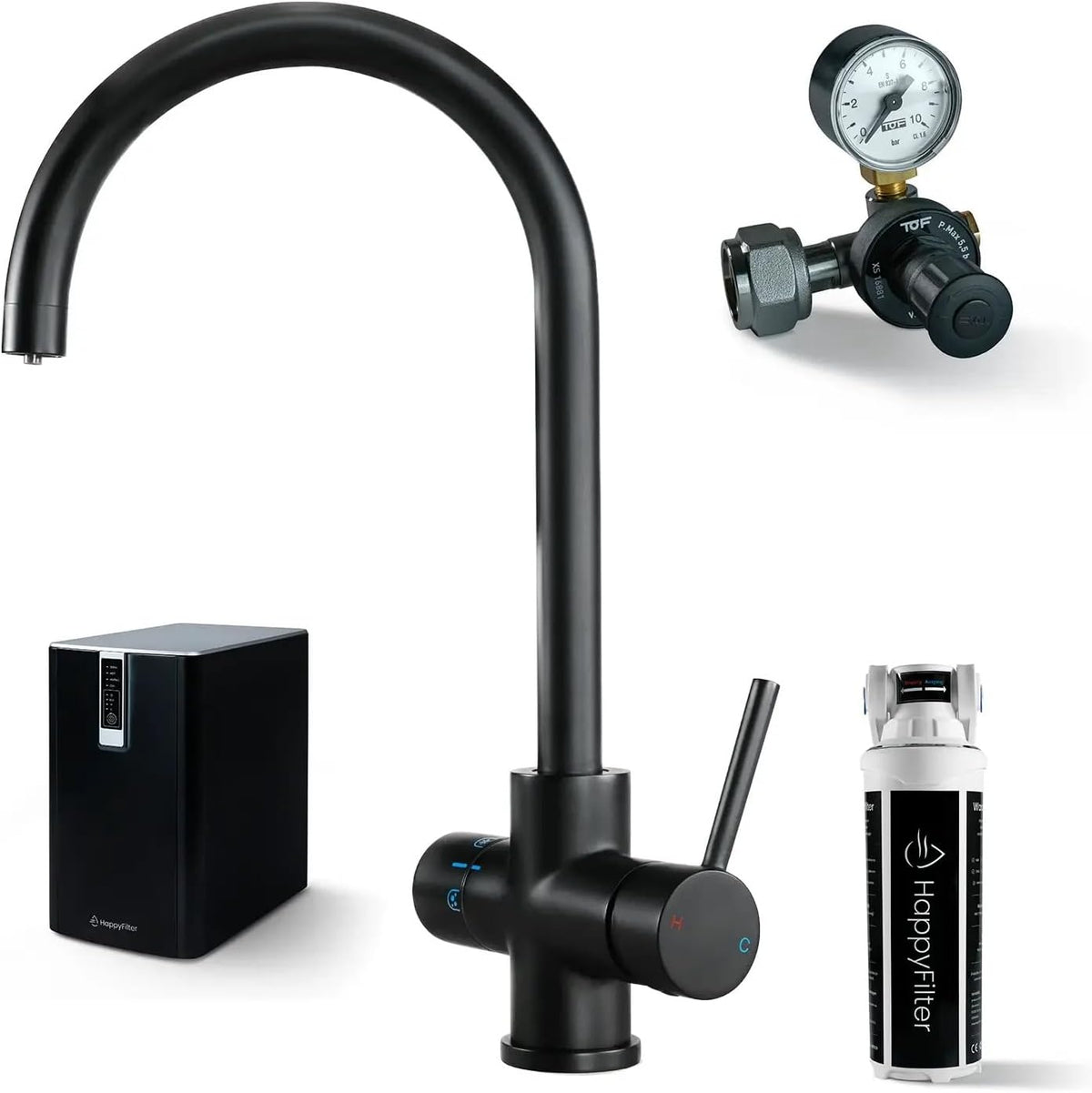 HappyFilter Wassersprudler, 2 kg, Schwarz, FizzRed Wasserkocher, gekühlt, gesprudelt, kochend, Kalkfilter, Wasserspender