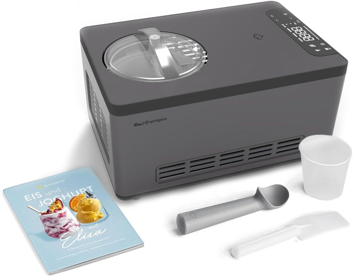 Springlane Kitchen Eismaschine, 2,0 L, 220 W, Silber/Anthrazit, 2 in 1 & Joghurtbereiter Elisa mit selbstkühlendem