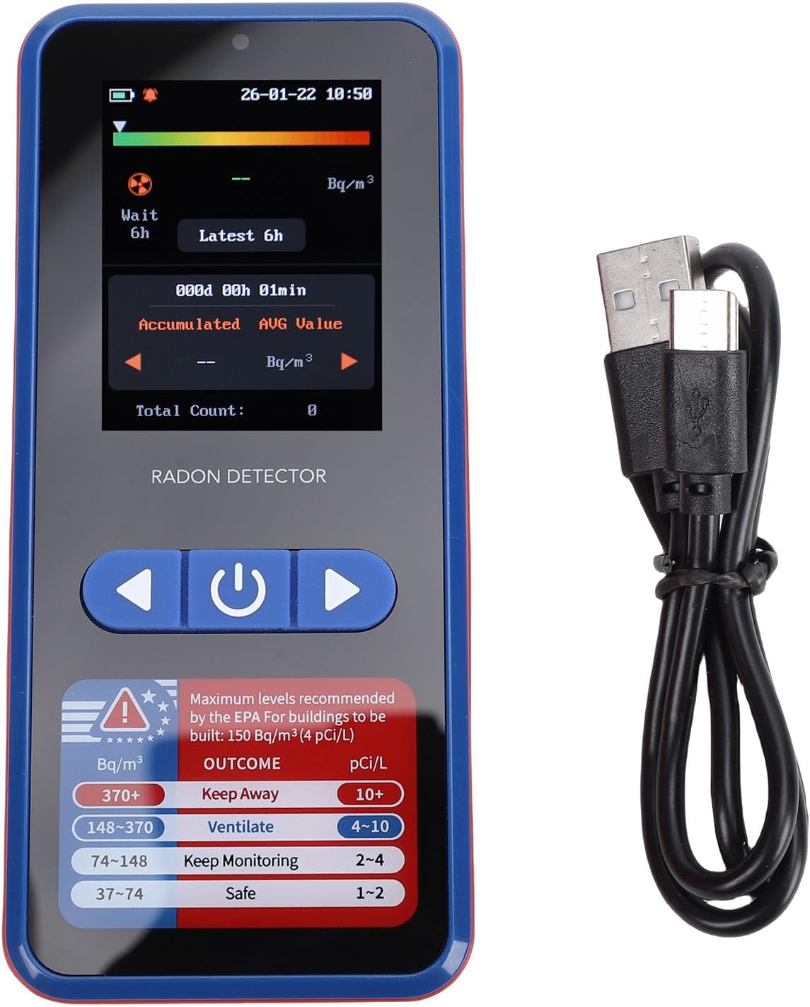 Eujgoov Monitor, ABS, Schwarz, Hand-Radon-Gasdetektor, Tragbarer Radon- -Tester für Zuhause, Keller, Büro, Echte Tests mit Farbbildschirm-Datenlogger