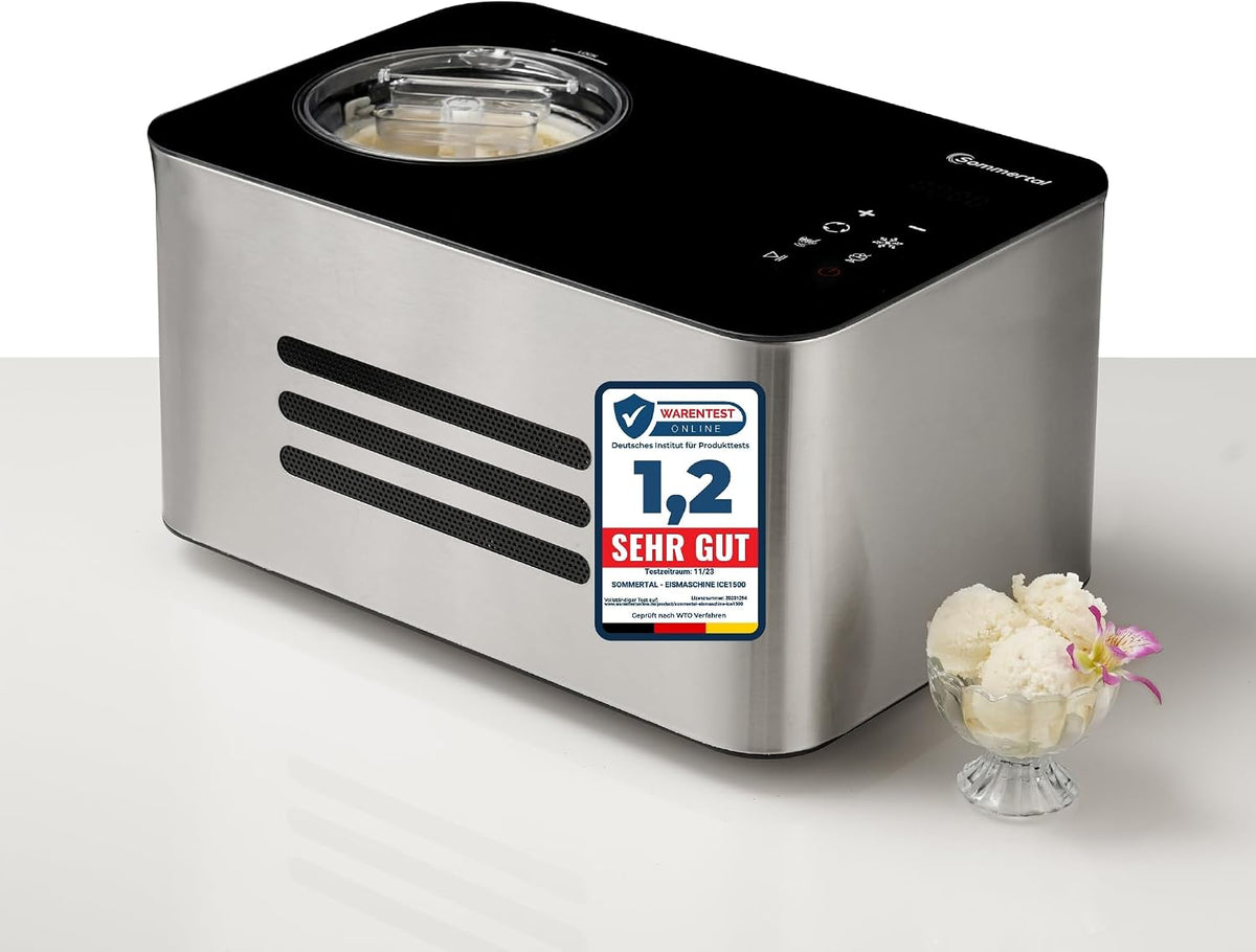 Sommertal Eismaschine, 1,5 L, 150 W, Silber, ICE1500, mit Kompressor bis -36°C, Edelstahl, Touchdisplay, stromsparend