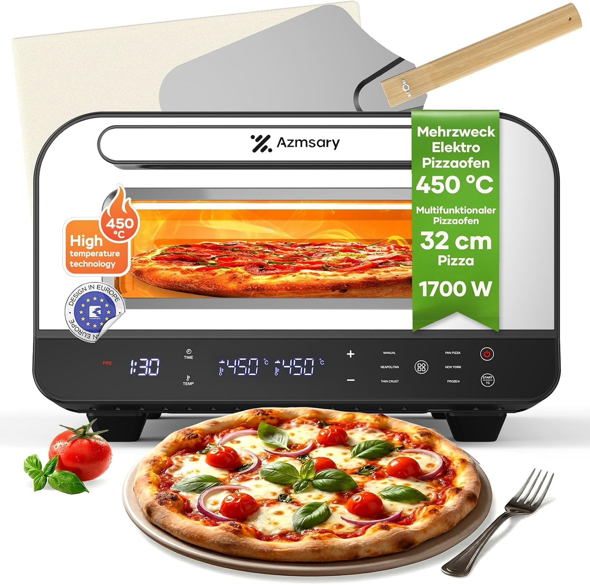 Azmsary Pizzaofen, 1700 W, 32 cm, Schwarz, 6 Programme, max. 450°C, geeignet für Pizzen, 5-in-1-Multifunktion: Pizza