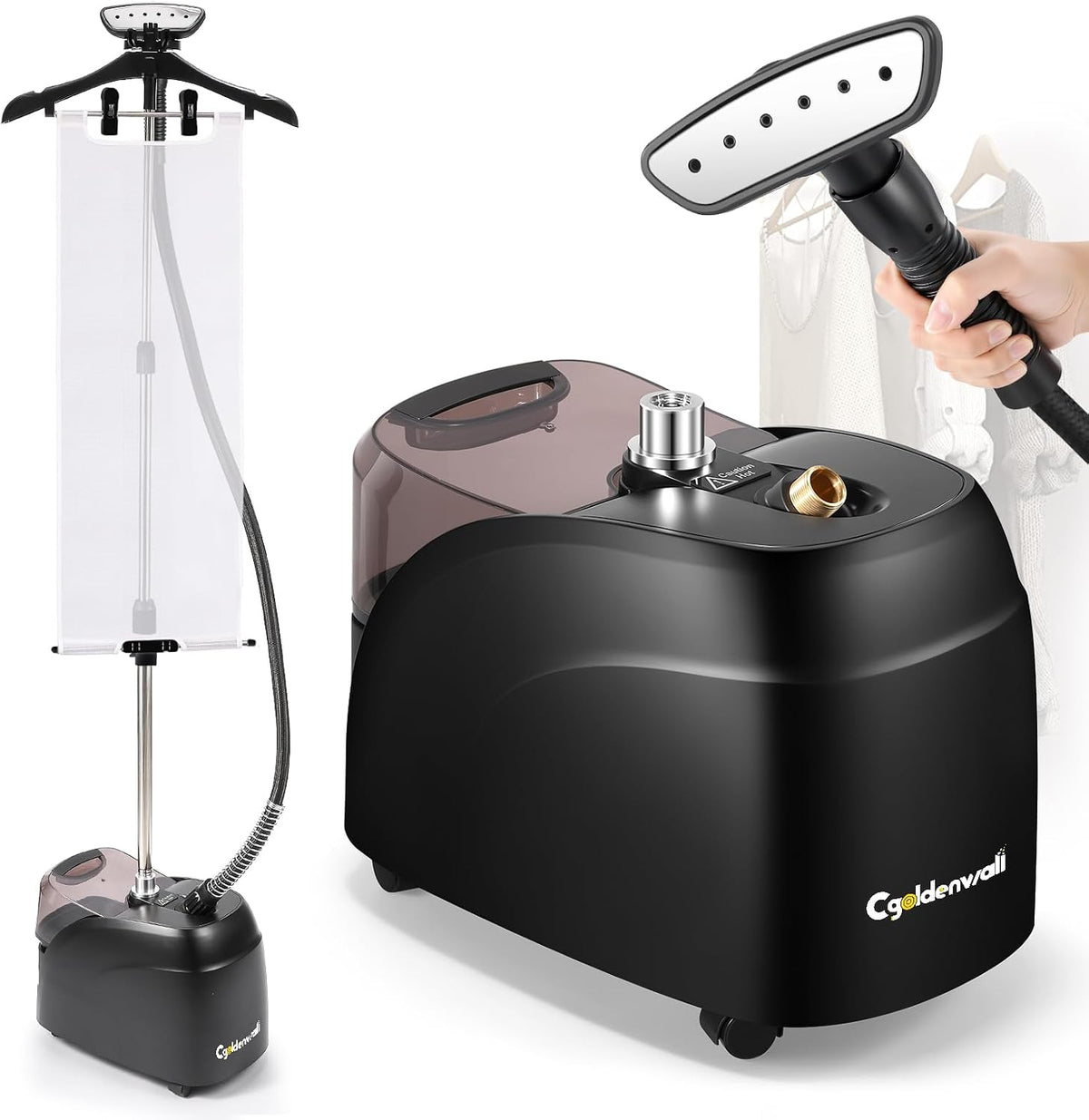 CGOLDENWALL Dampfglätter, 2000 W, 3.2 L, Schwarz, Abnehmbarer Wassertank, 45s Schnelles Aufheizen, Duale Dampfstufen für alle Stoffe - mit Zubehör &