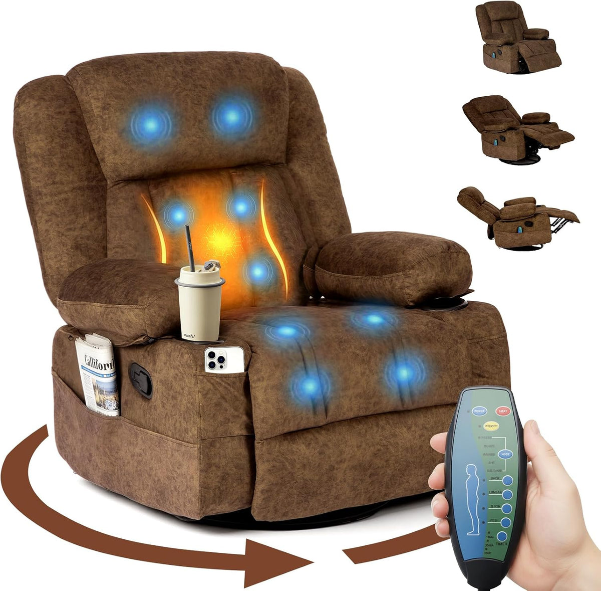 HAUSPROFI Relaxsessel, Grau, Massagesessel mit Wärmefunktion & Liegefunktion, 360°Drehbarer Samt-Fernsehsessel Elektrisch Verstellbar