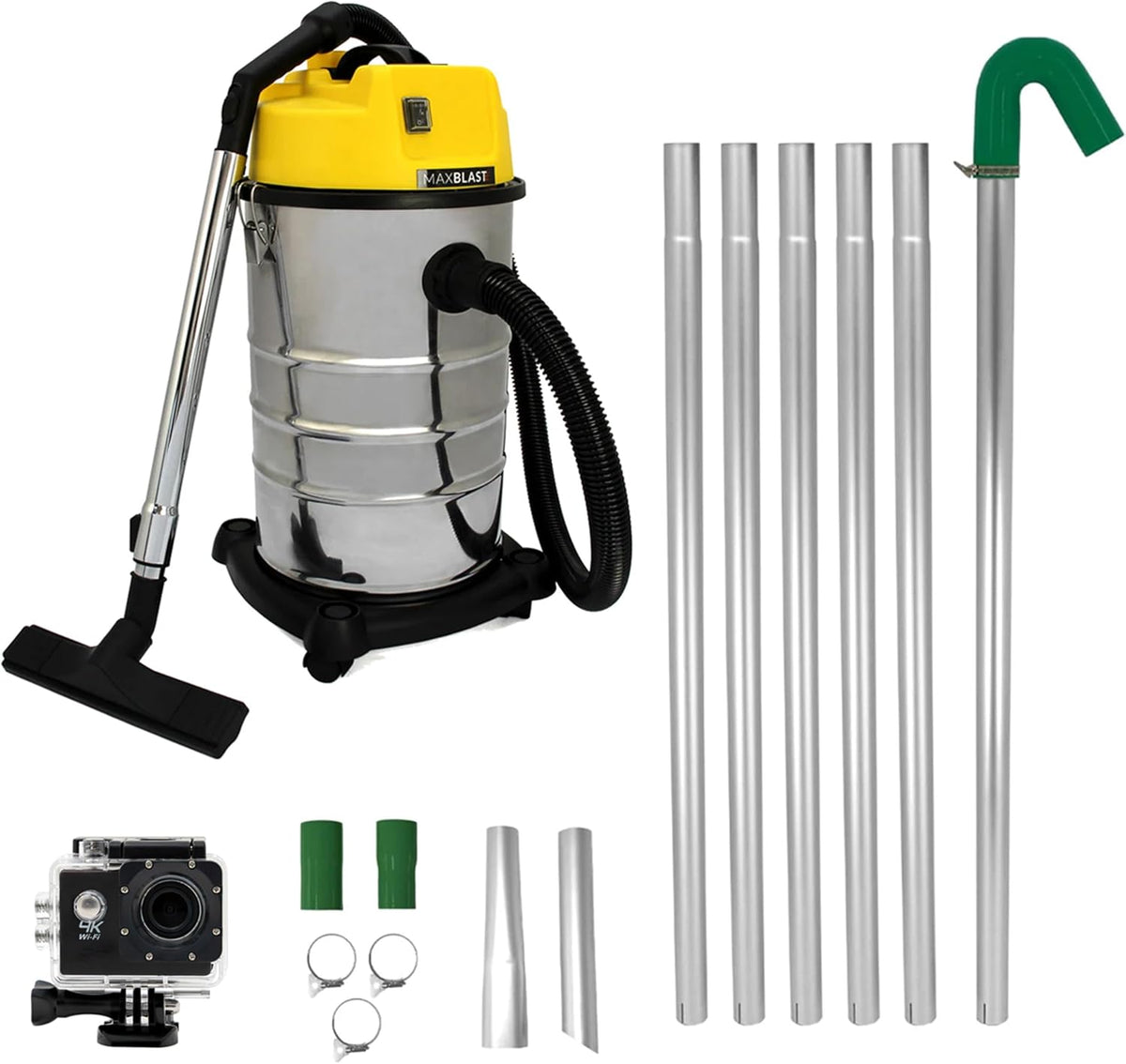 MAXBLAST Staubsauger, 1400 W, 7,5m, 30 L, Schwarz, Nass- & Trocken Industrie, Motor, Dachrinnenstangen Set, 2- Rohrreinigung Reichweite