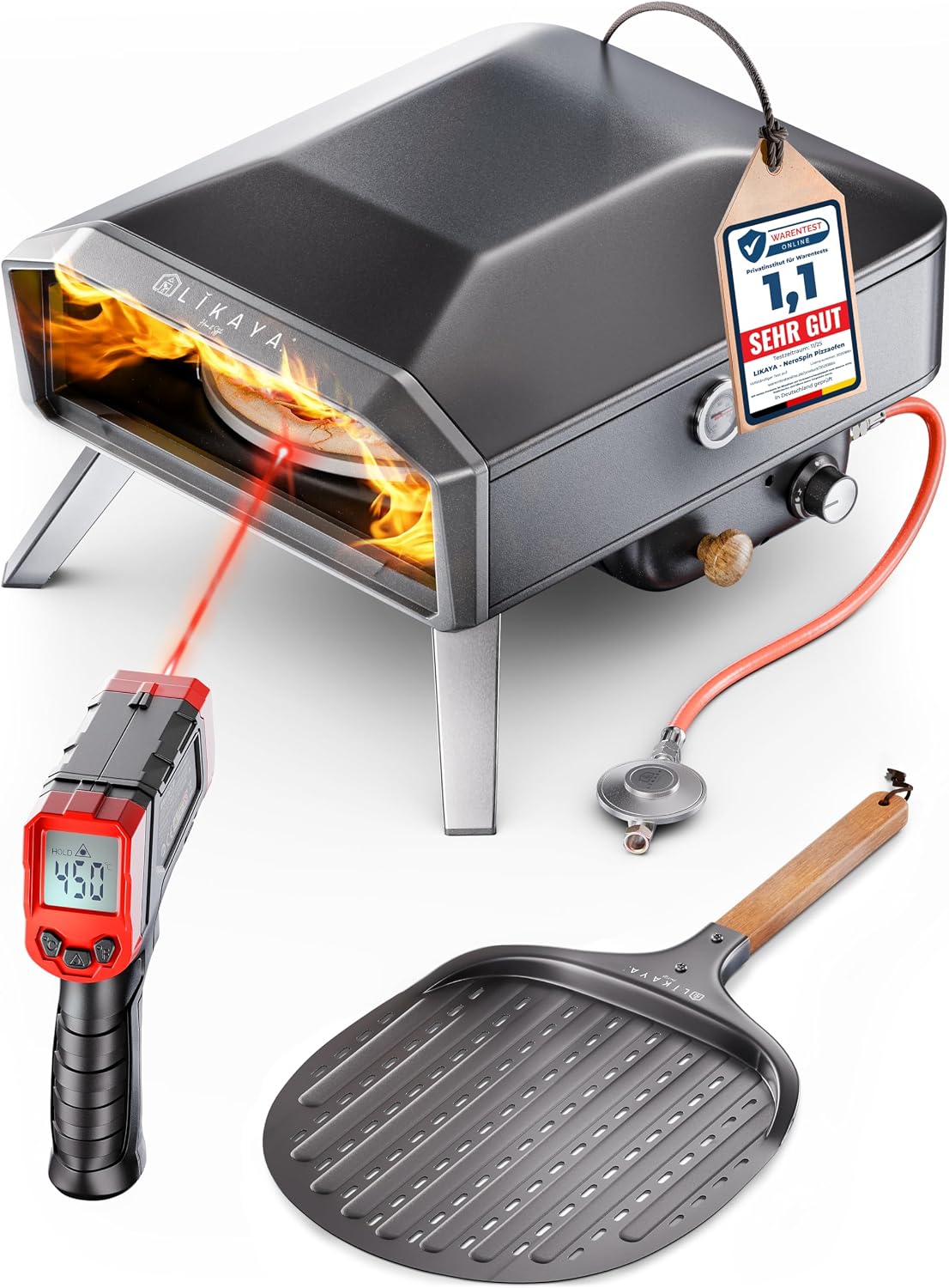 LIKAYA Pizzaofen, 6,2 kW, Schwarz, NeroSpin Gas, Outdoor Gas 450°C - Gas Pizza Ofen Outdoor mit Pizzastein, Pizzaschaufel