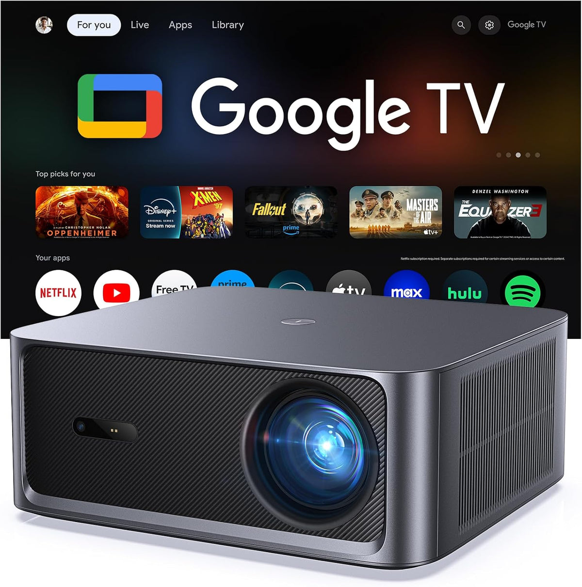 HAPPRUN Beamer, Schwarz, Smart mit 3000 ANSI Lumen, Offiziellem Google TV, 4K-Unterstützung, Dolby Audio, Autofokus und Auto-Keystone