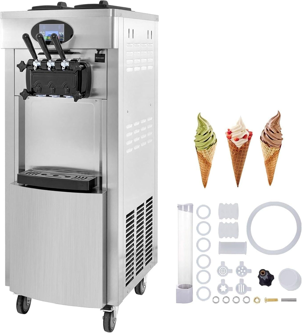 Sihao Eismaschine, 2200 W, 28 L, 6 L, Silber, Kommerzielle, /h Leistung, freistehend Soft mit 3 Geschmacksrichtungen