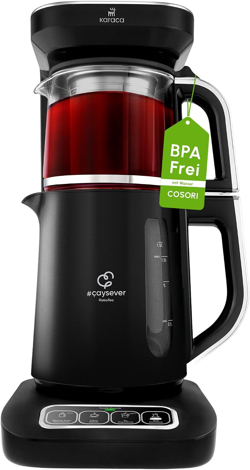 KARACA Kaffeemaschine, 2500 W, Schwarz, Çaysever Robotea Pro 4-in-1 Automatische Glas-Teemaschine, Wasserkocher & Filter